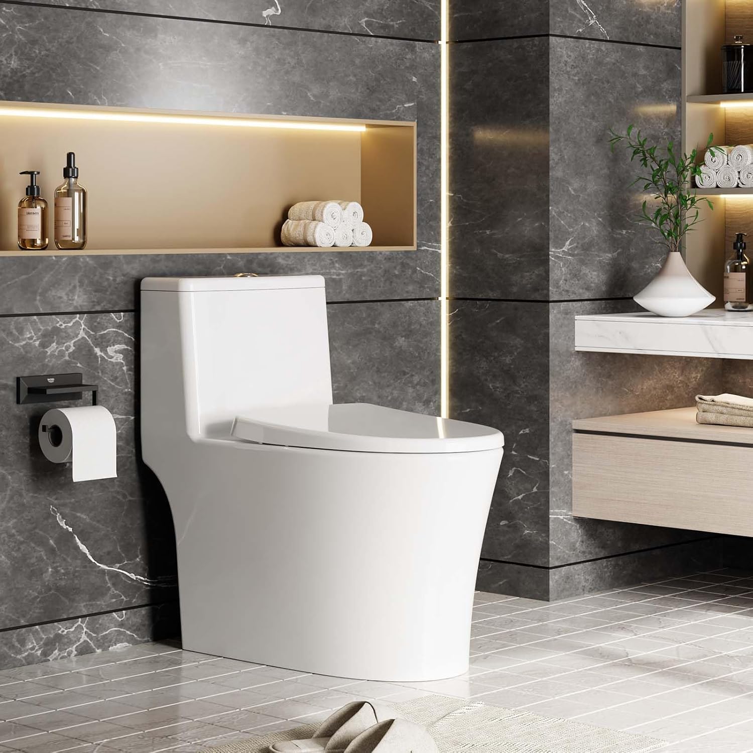 One Piece Elongated Toilet with Top Dual Flush and V Shape Soft Close Seat, Modern Bathroom Toilet for Home and Guest Use