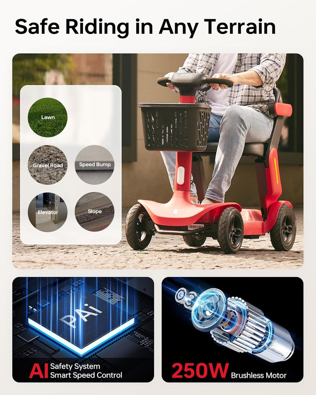 Paiseec Powered Mobility Scooter S3, Removable Battery Foldable Electric Scooter with AI Safety System, Folding Mobility Scooter for Adults Seniors, 25 Miles 6 MPH 300 lbs, All Terrain, Slope Safety