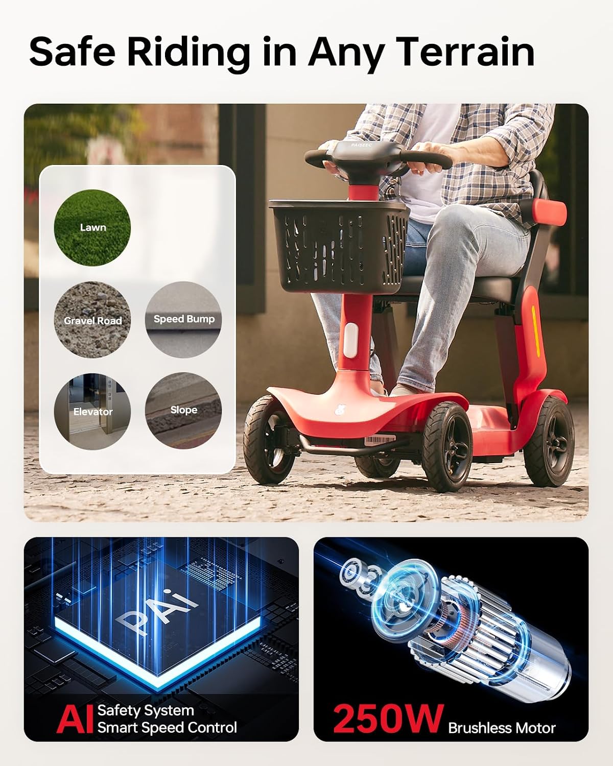 Paiseec Powered Mobility Scooter S3, Removable Battery Foldable Electric Scooter with AI Safety System, Folding Mobility Scooter for Adults Seniors, 25 Miles 6 MPH 300 lbs, All Terrain, Slope Safety