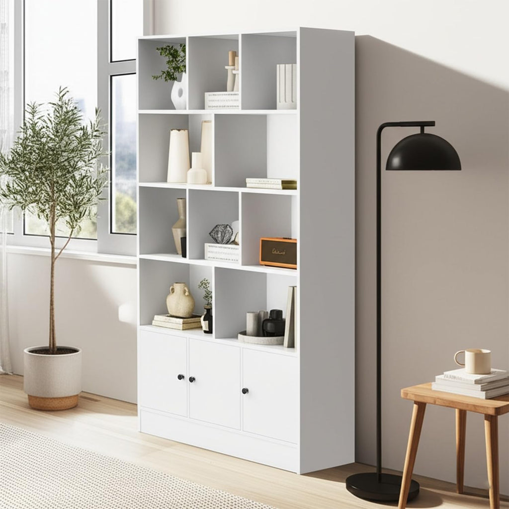 Anystyle White 5-Tier Bookshelf, 13-Cube Display Cabinet with 3 Doors, Freestanding Bookcase with Anti-Tip Kit for Living Room & Home Office, 35.4' W x 11.8' D x 65' H