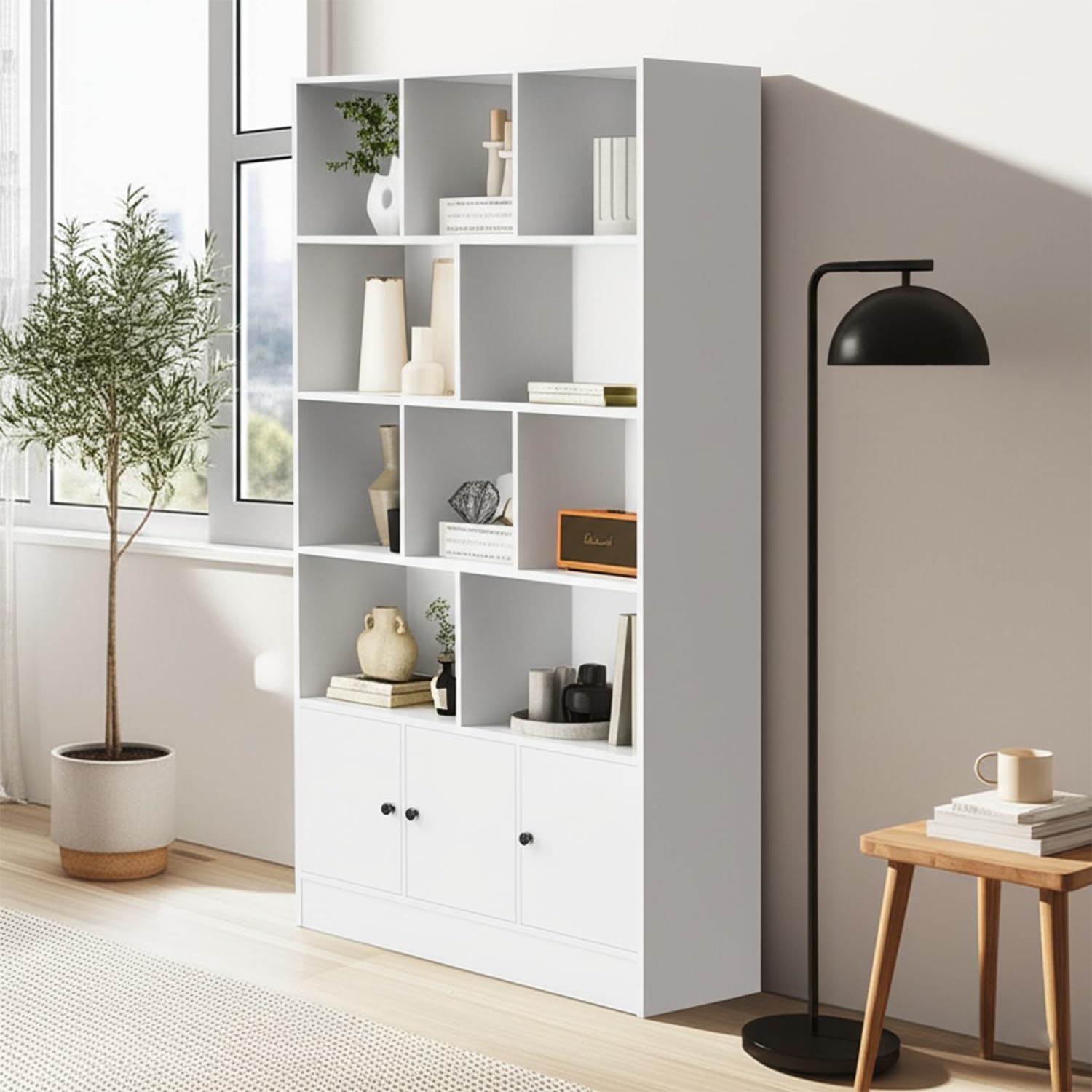 Anystyle White 5-Tier Bookshelf, 13-Cube Display Cabinet with 3 Doors, Freestanding Bookcase with Anti-Tip Kit for Living Room & Home Office, 35.4' W x 11.8' D x 65' H