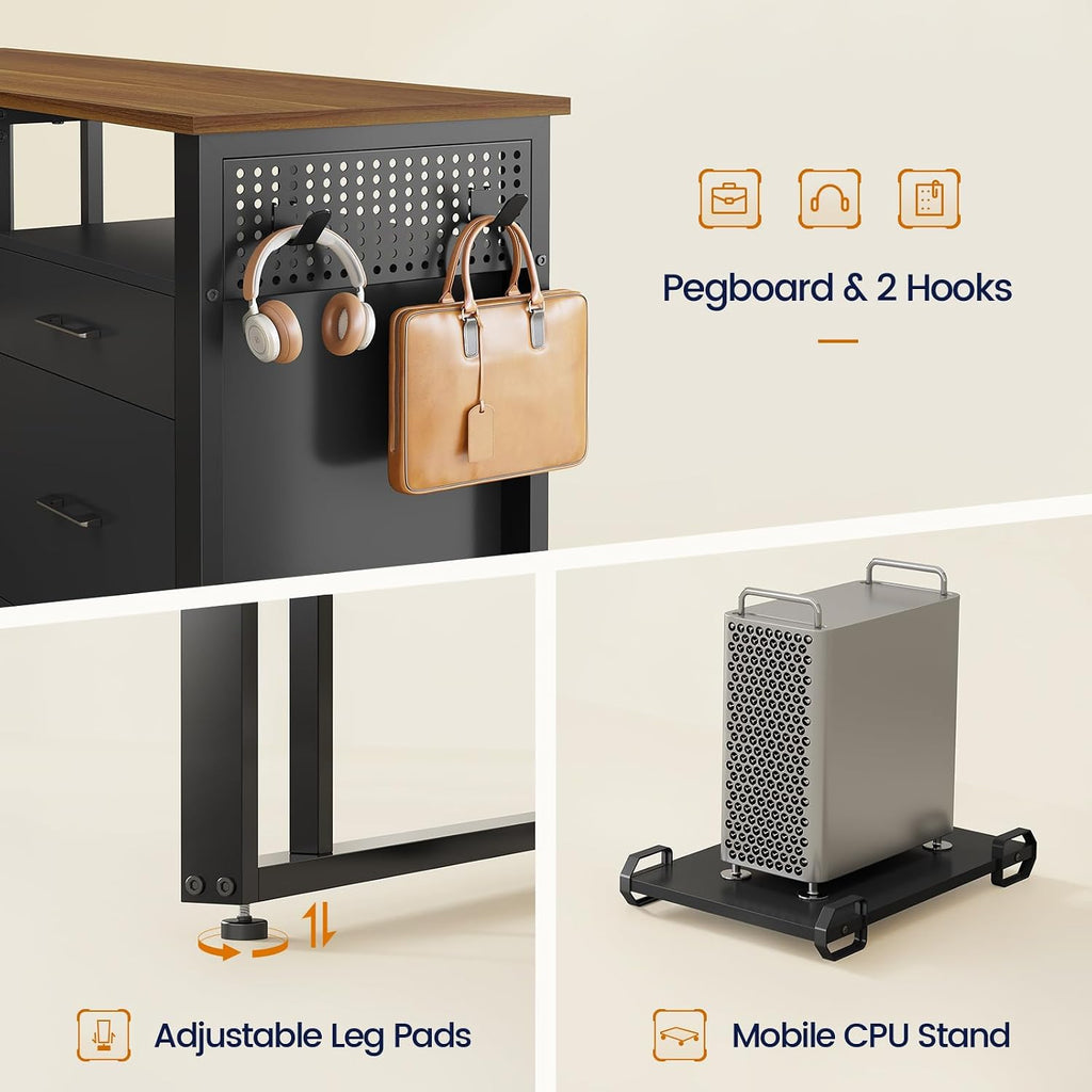UPOSOJA 71 in Executive Desk with Power Outlets, Reversible L Shaped Computer Desk with File Drawers & Storage Shelves, Large Office Desk with Pegboard, Mobile CPU Stand, Modern Corner Desk (Walnut)