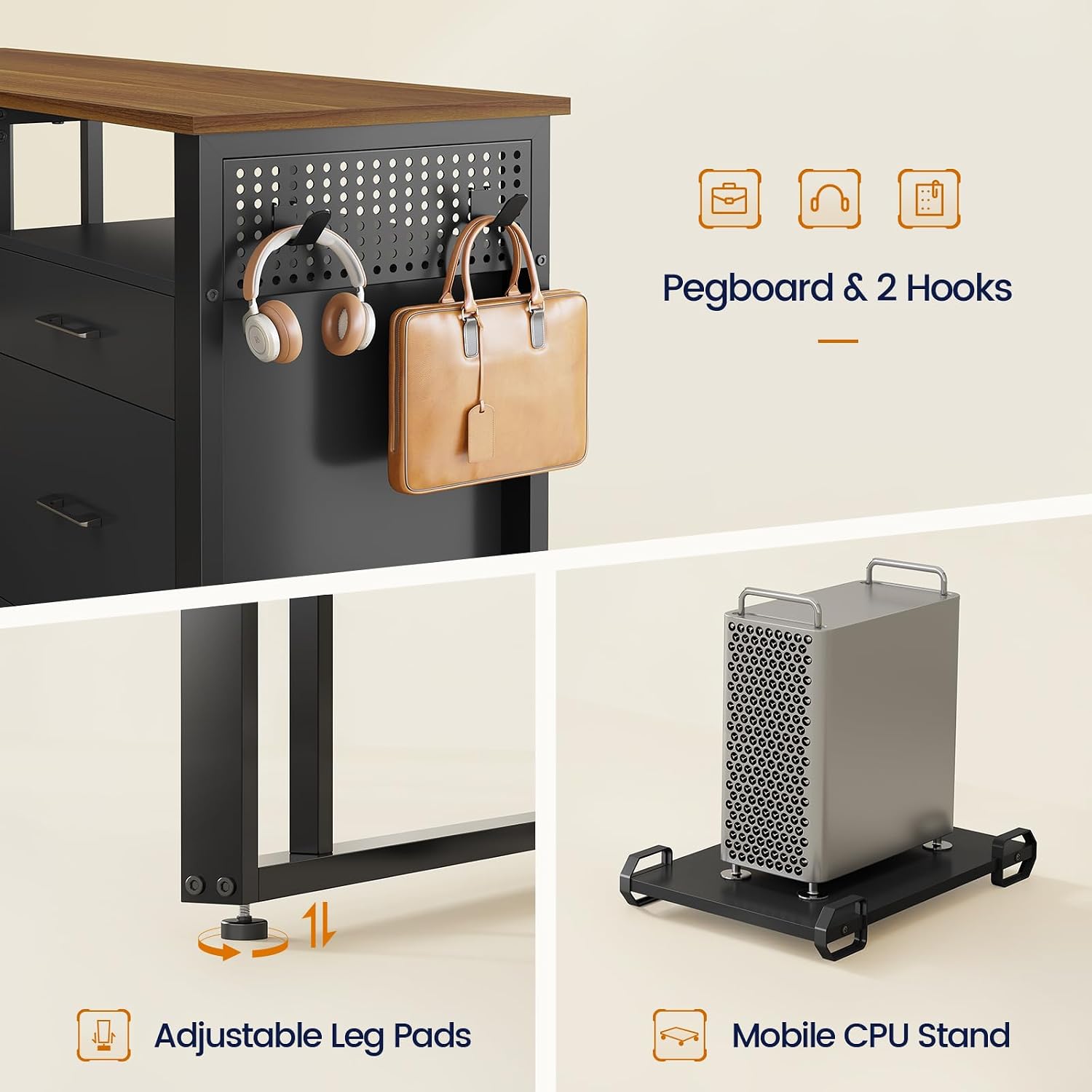 UPOSOJA 71 in Executive Desk with Power Outlets, Reversible L Shaped Computer Desk with File Drawers & Storage Shelves, Large Office Desk with Pegboard, Mobile CPU Stand, Modern Corner Desk (Walnut)