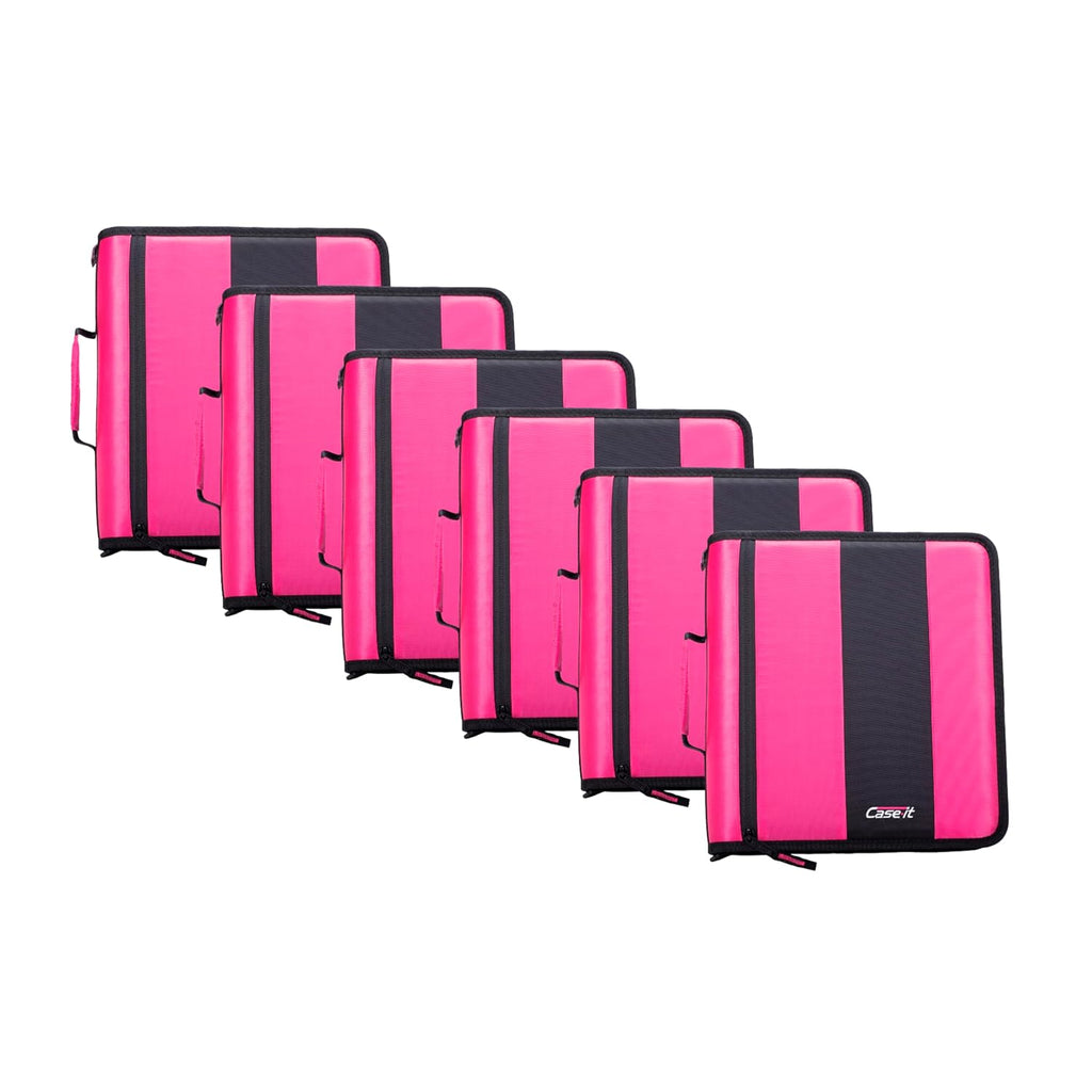 Case-it Classic Zipper Binder | 2-Inch O-Rings, 350 Sheet Capacity, Multiple Storage Pockets & Shoulder Strap | School & Office Organizer | D-251 Magenta | 6 Pack