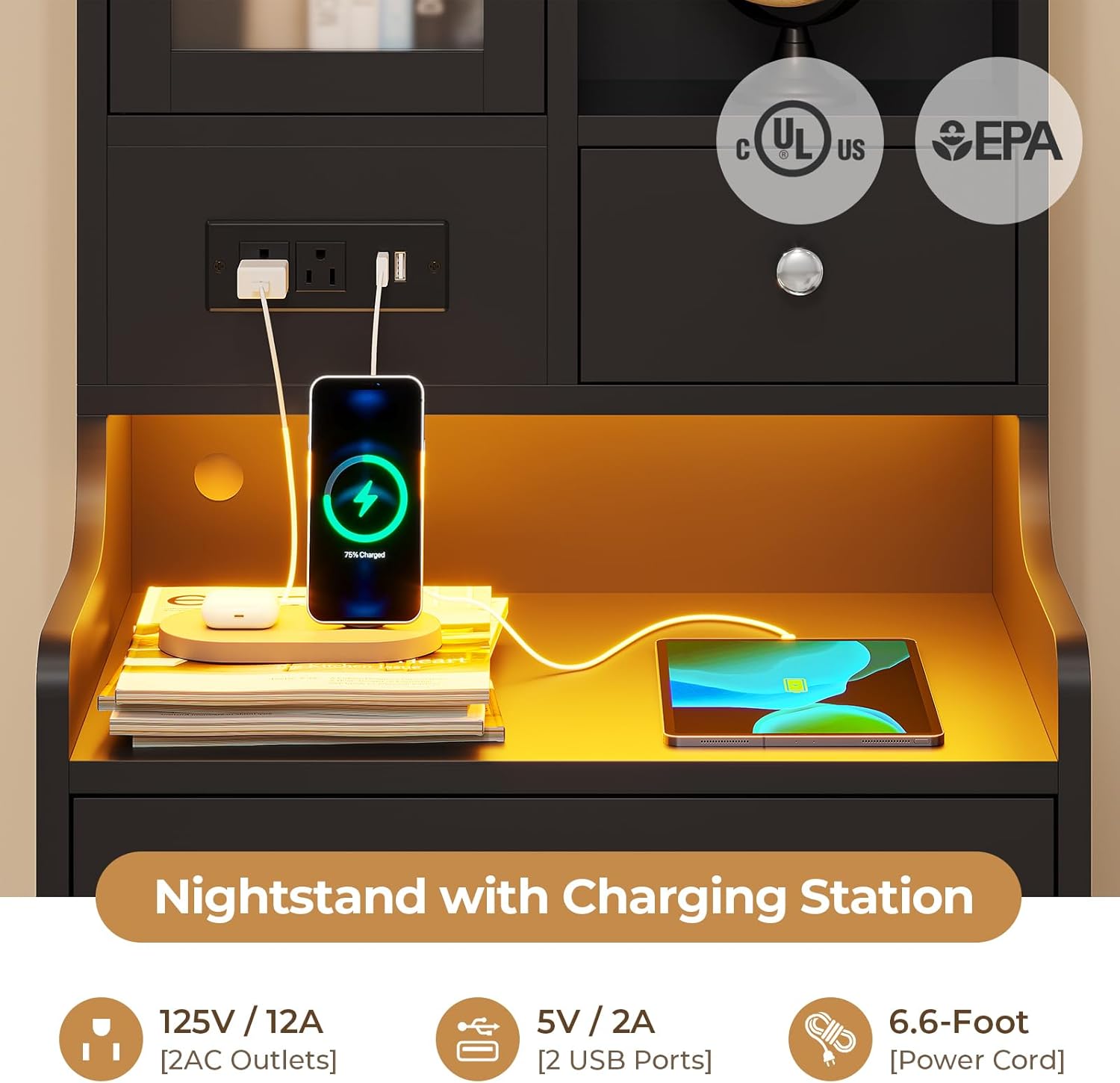 ADORNEVE Black Night Stand Set of 2 with Charging Station,49.2' LED Nightstand for Bedroom,Tall Bedside Table with Bookshelf and Drawers,Side Tables Bedroom,13.8' D x 17.7' W x 49.2' H