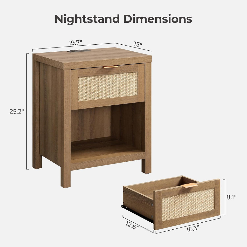 SICOTAS Nightstands Set of 2 with Charging Station Rattan Night Stand with Drawer Boho Bedside Table with USB and Type-C Ports Bed Side Tables for Bedroom Small Space, Oak