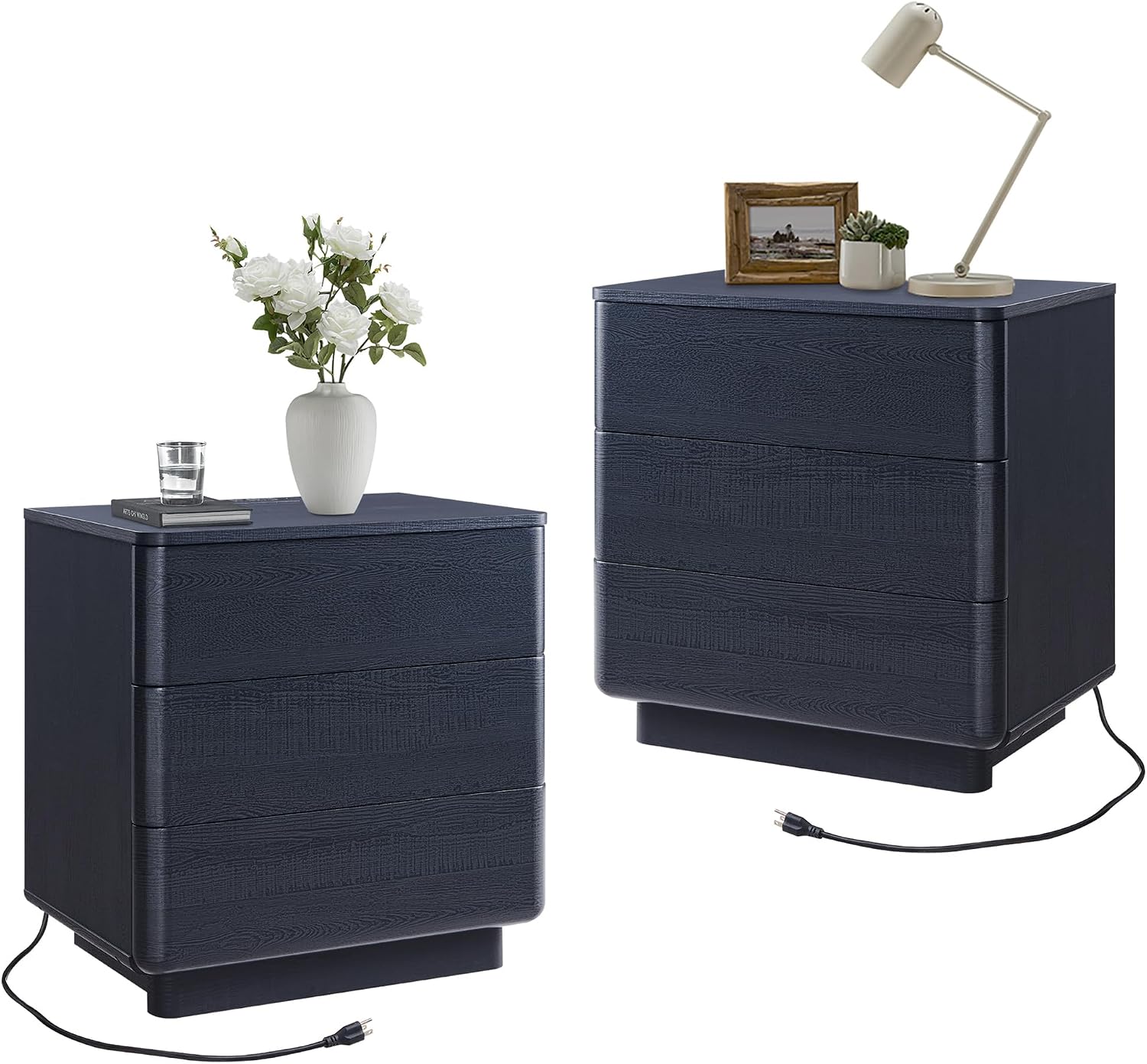 ACCOHOHO 22' Modern Nightstand Set of 2 with Charging Station, Push-to-Open Handleless 3-Drawer Bedside Table, Large End Table with Storage, Night Stand for Bedroom, Living Room, Curved Profile, Black