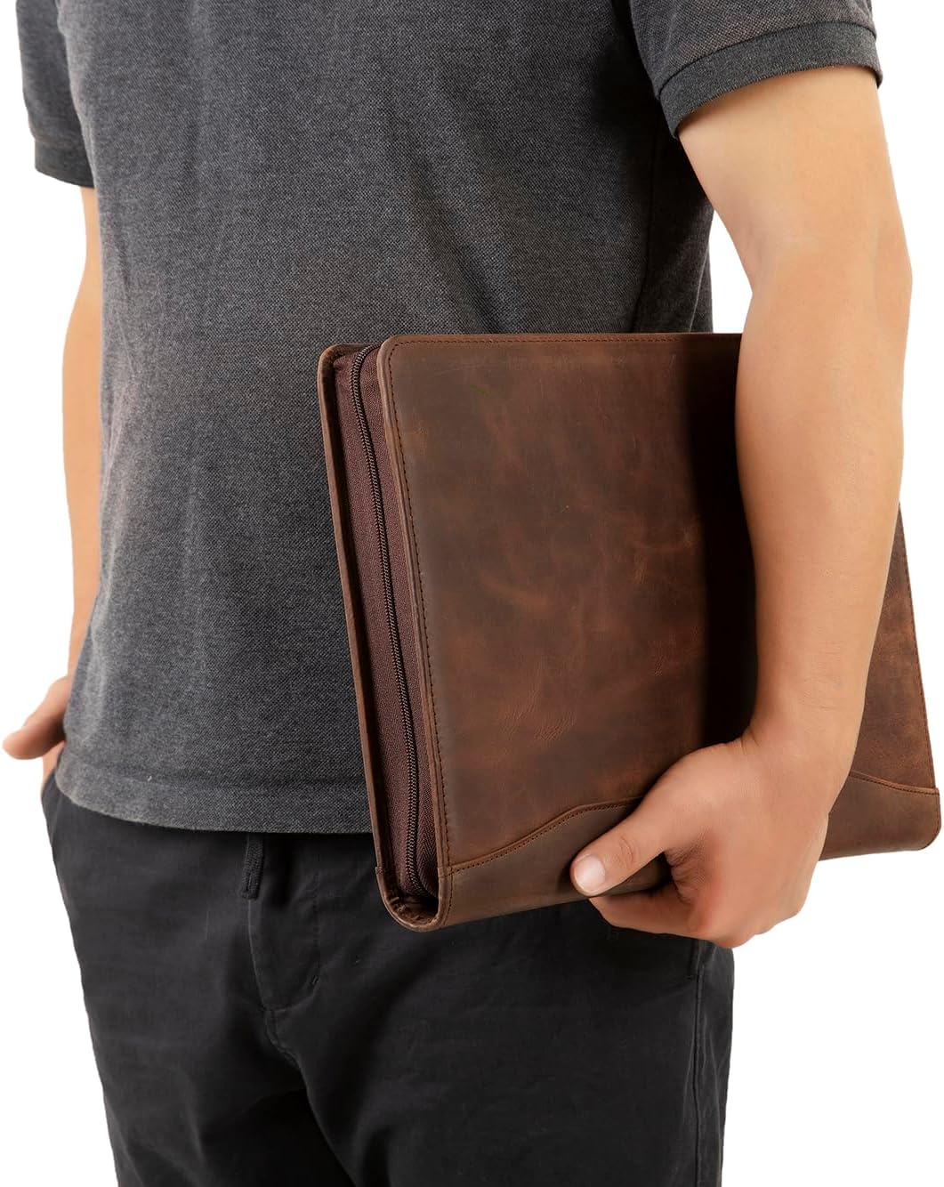 Leather Portfolio with 3 Ring Binder, Personalized Leather Binder Padfolio Zippered ortfolio Organizer, Engraved Leather Portfolio Binder, Custom Gift for Men Women （Dark Khaki, Non-Custom）