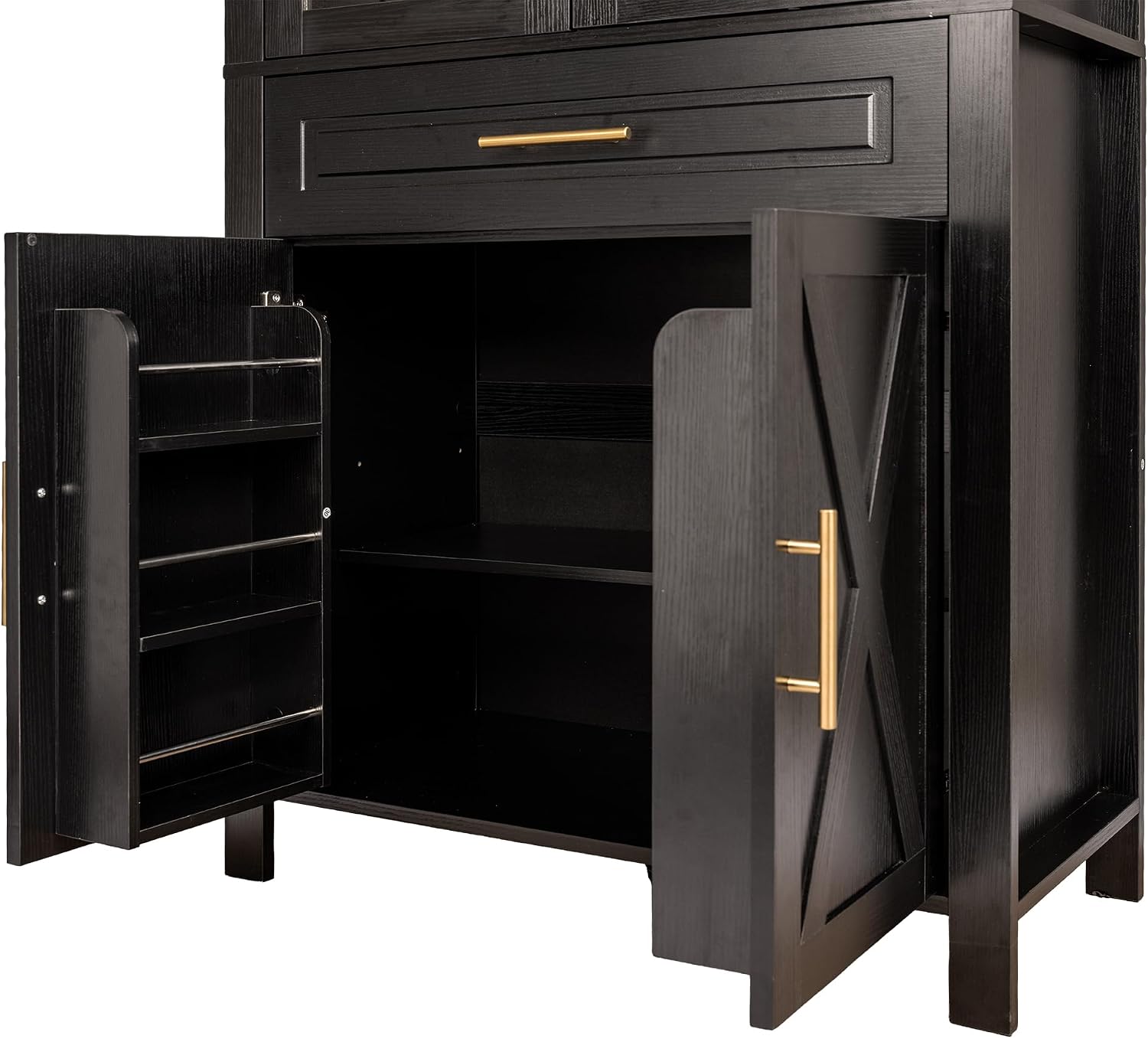71' Farmhouse Arched Kitchen Pantry Cabinet with Glass Doors & Large Drawer, Wood Versatile Cupboard with Adjustable Shelves for Kitchen Dining Room Living Room Coffee Bar(Black)