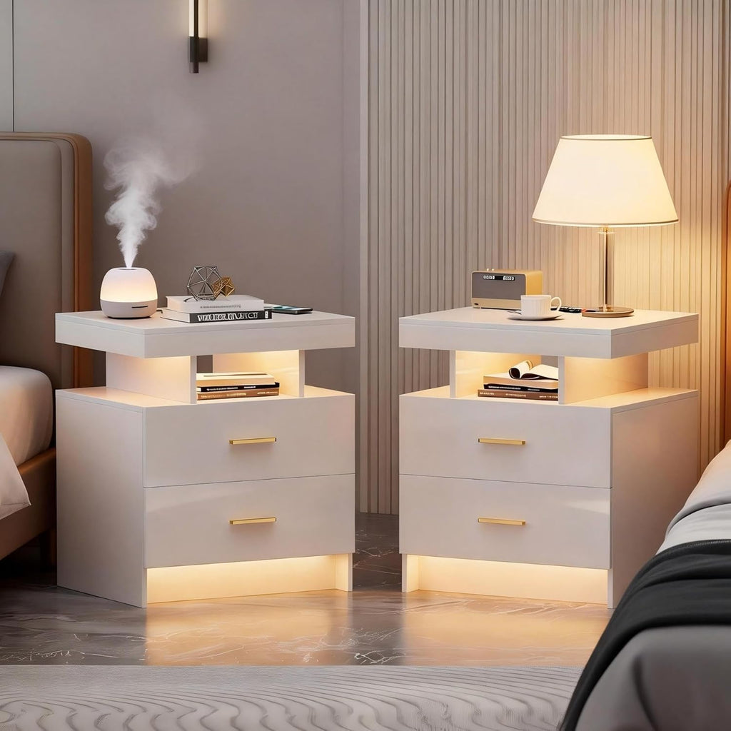 Smart Night Stand Set of 2 with Charging Station, Modern White Nightstand with 24 Color Lights and 2 Drawers, LED Bedside Tables with Auto Senor,High Gloss End Side Table for Bedroom