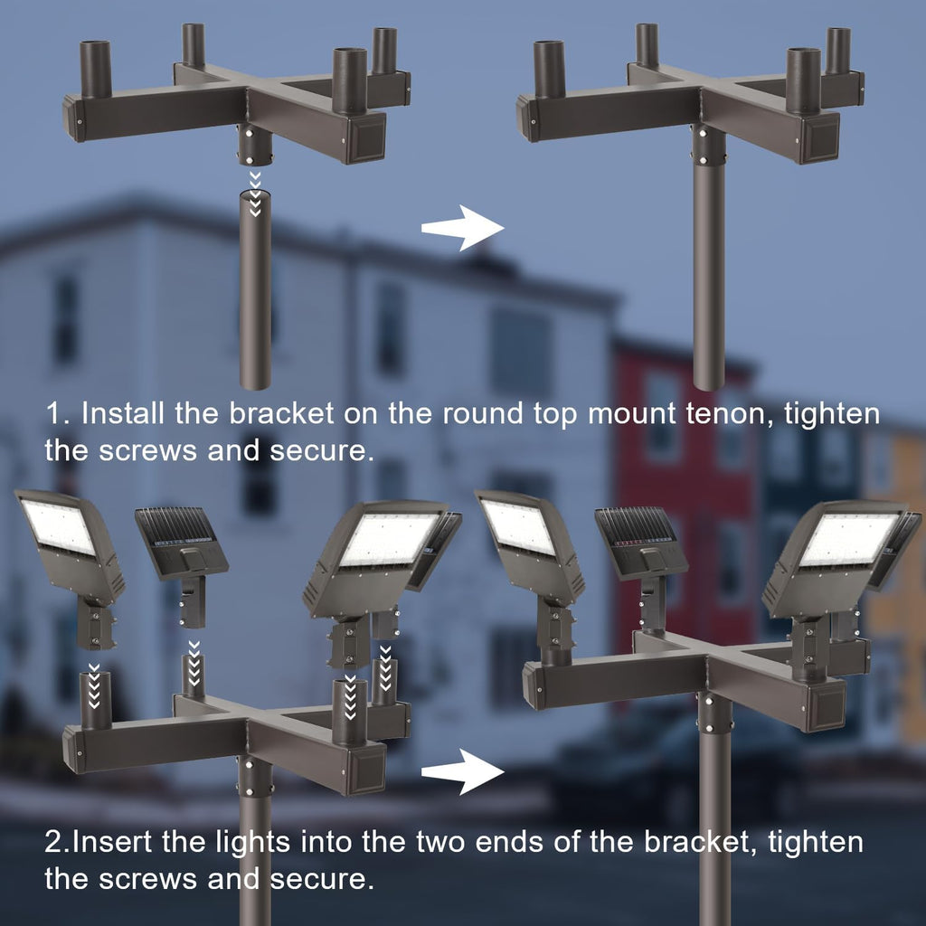 90° Quad Bullhorn Tenon Adapter for 4 Light Fixtures with 2 3/8' Slip Fitter, Bullhorn Bracket with 4 Arms Mounting for LED Parking Lot Light, Outdoor Shoebox Street Lighting, Dark Bronze
