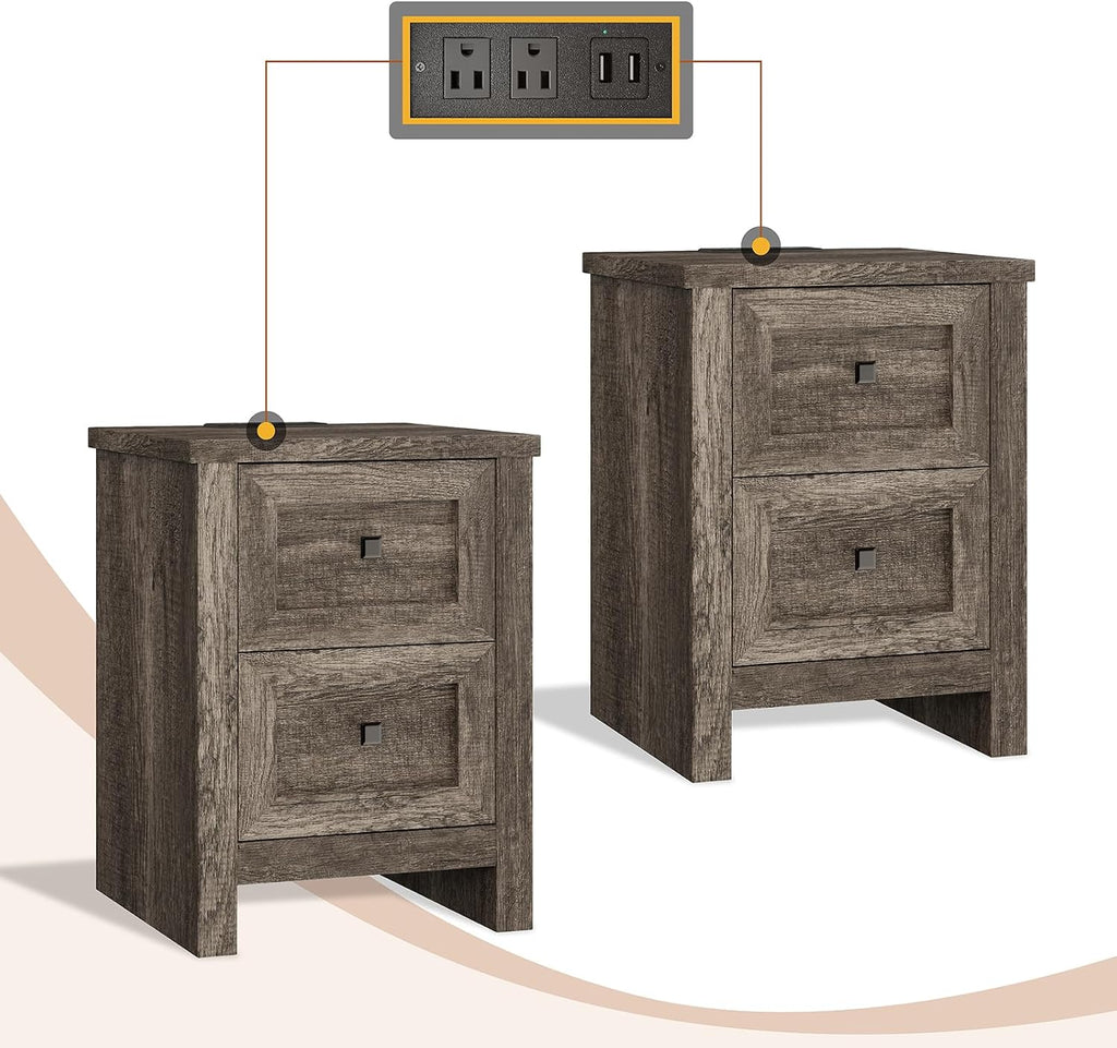 AMERLIFE Nightstand Set of 2 with Charging Station, Rustic Bedside Table with Drawers Storage, Farmhouse Wood Night Stand for Bedroom, Rustic Grey