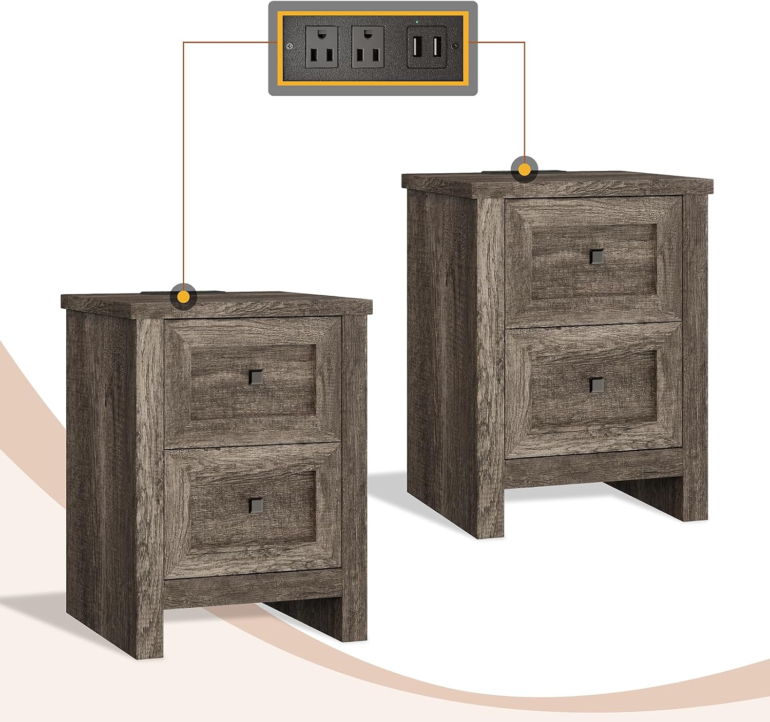 AMERLIFE Nightstand Set of 2 with Charging Station, Rustic Bedside Table with Drawers Storage, Farmhouse Wood Night Stand for Bedroom, Rustic Grey