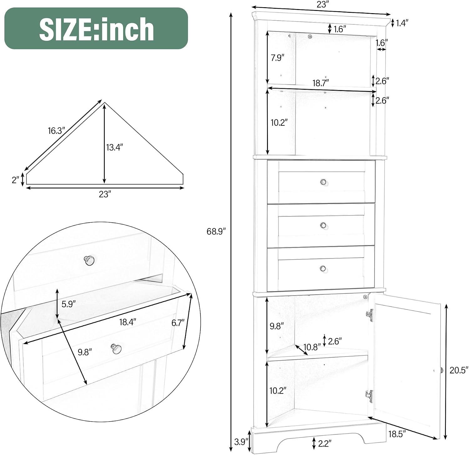 Corner Storage Cabinet with Adjustable Shelves, 68.9 in Tall | MDF, painted finish, adjustable shelves, corner fit, enclosed storage, bathroom, kitchen, 23 W x 13.4 D x 68.9 H in