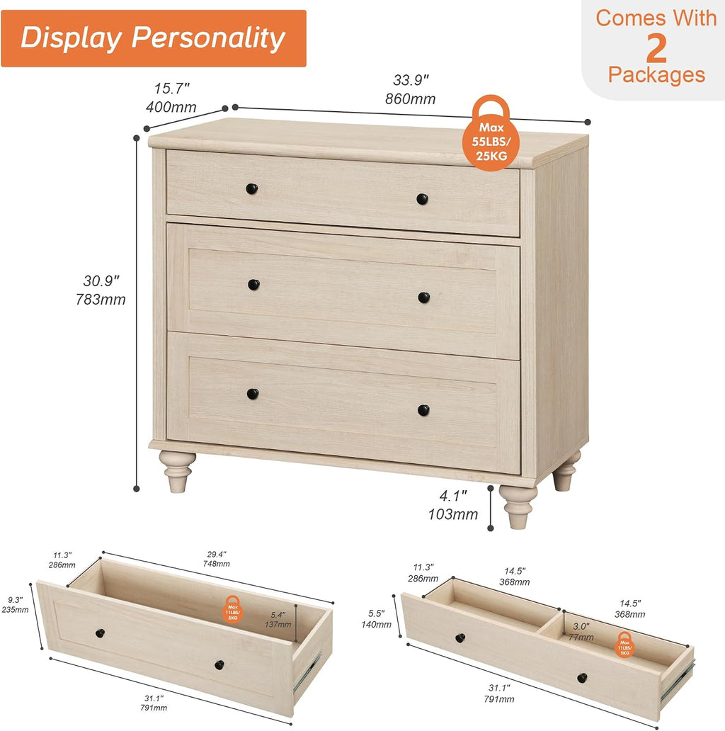 WAMPAT Farmhouse Nightstand with 3 Drawers, Set of 2 Large 3 Drawers Wood Bedside Table Night Stand, Wide Sofa Side End Table Chest of Dresser for Living Room, Bedroom, Beige, 34 inch