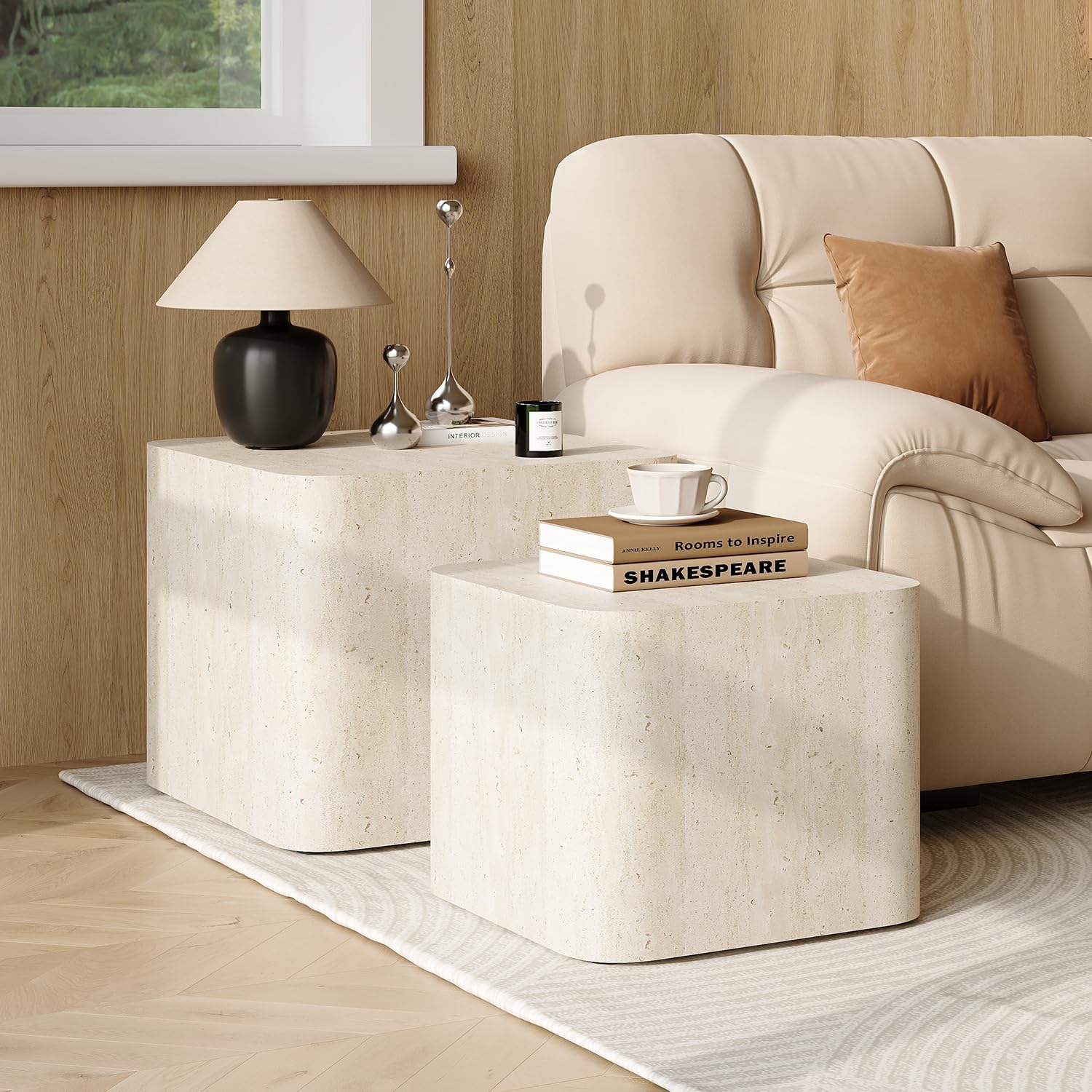 Nesting Coffee Table Set of 2, Modern Coffee Table and End Table Sets, Small Wooden Nesting Side Tables for Living Room Bedroom Apartment(Travertine)