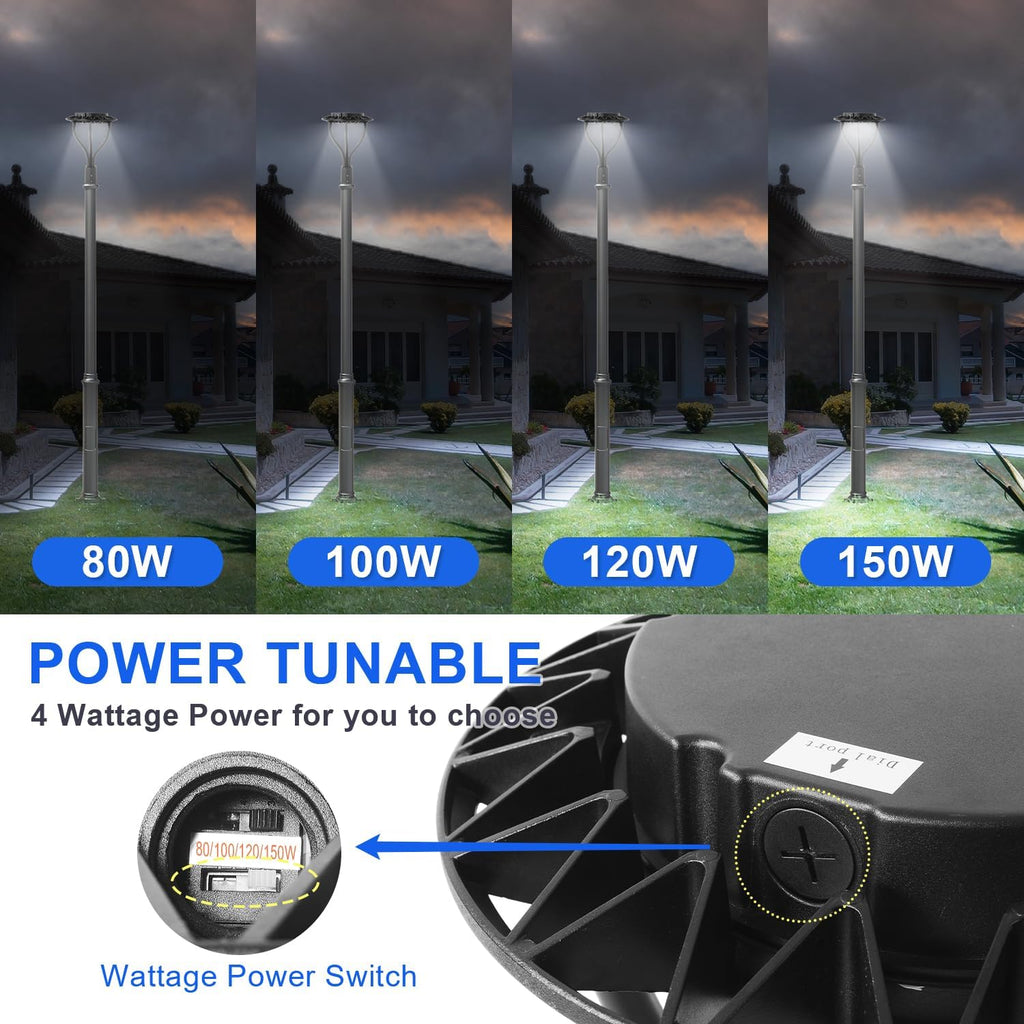 LED Post Top Light with Dusk to Dawn Photocell, 80W/100W/120W/150W Power Tunable, 3CCT 3000K/4000K/5000K Outdoor Post Pole Lights, IP65 LED Circular Area Light for Garden Yard Street, ETL Listed