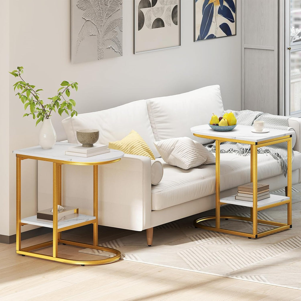 Giantex C Shaped End Table Set of 2, Modern Sofa Side Table with Faux Marble Tabletop & Storage Shelf, Slide Under Sofa Bed, 2-Tier Couch Table for Small Spaces Living Room Bedroom, White