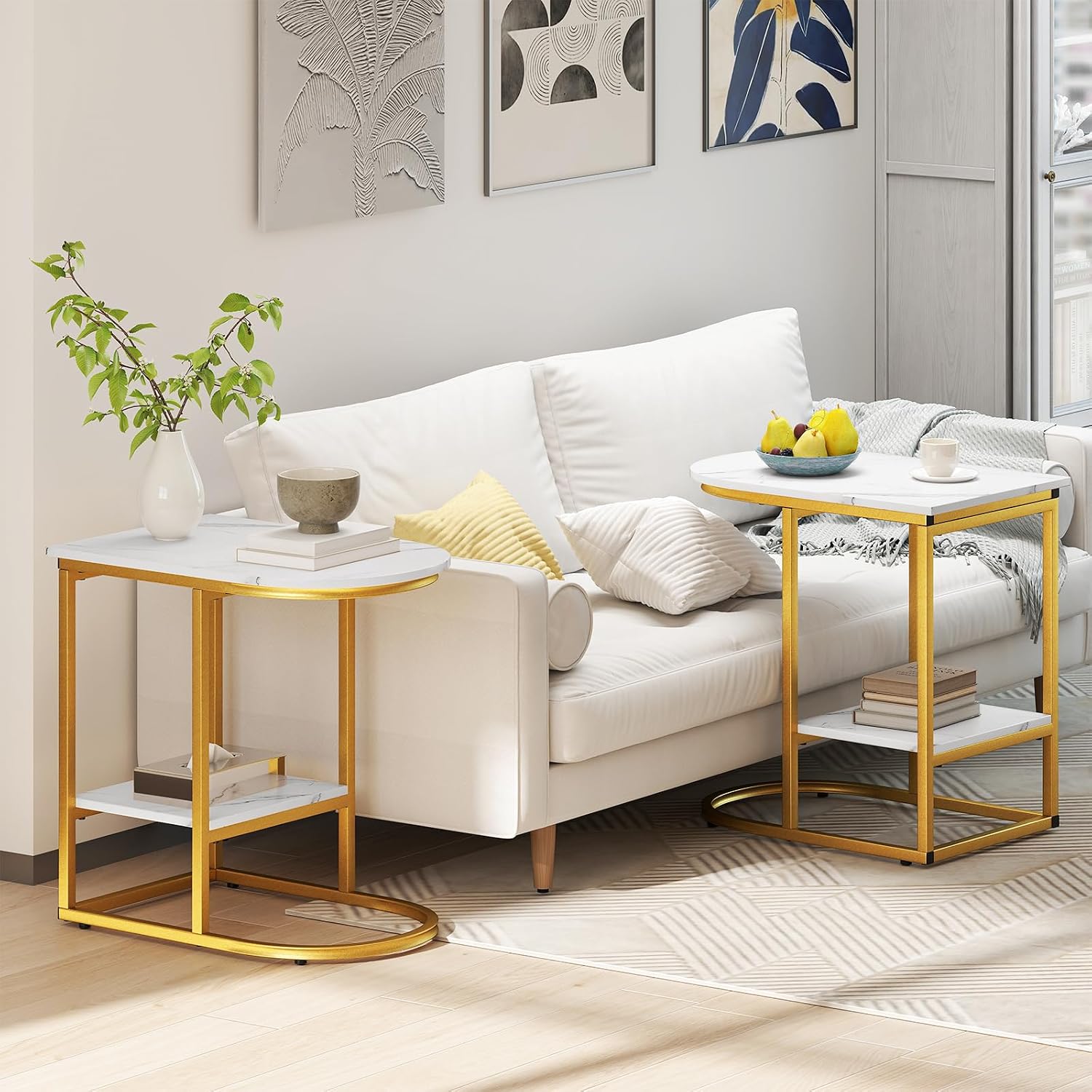 Giantex C Shaped End Table Set of 2, Modern Sofa Side Table with Faux Marble Tabletop & Storage Shelf, Slide Under Sofa Bed, 2-Tier Couch Table for Small Spaces Living Room Bedroom, White