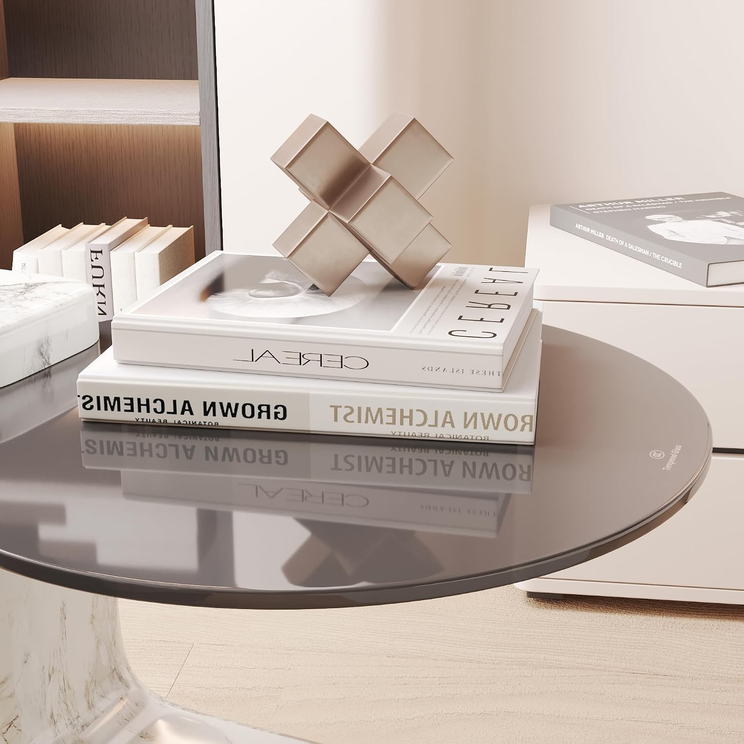 Modern C Shape Side Table,23.23' Round End Table with Strong Base&Glass Top,Large C Shape Side Table for Living Room/Bedroom/Balcony/Office/Studio,Easy Assemble(White)