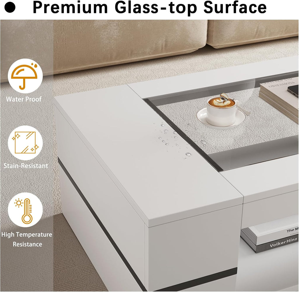 HedoAjim 47.2' Modern Stylish Coffee Table with Glass Table Top, Large Living Room Table Rectangular 2-Tier Center Tables with Storage, Wooden Tea Tables for Dining Reception Room, White