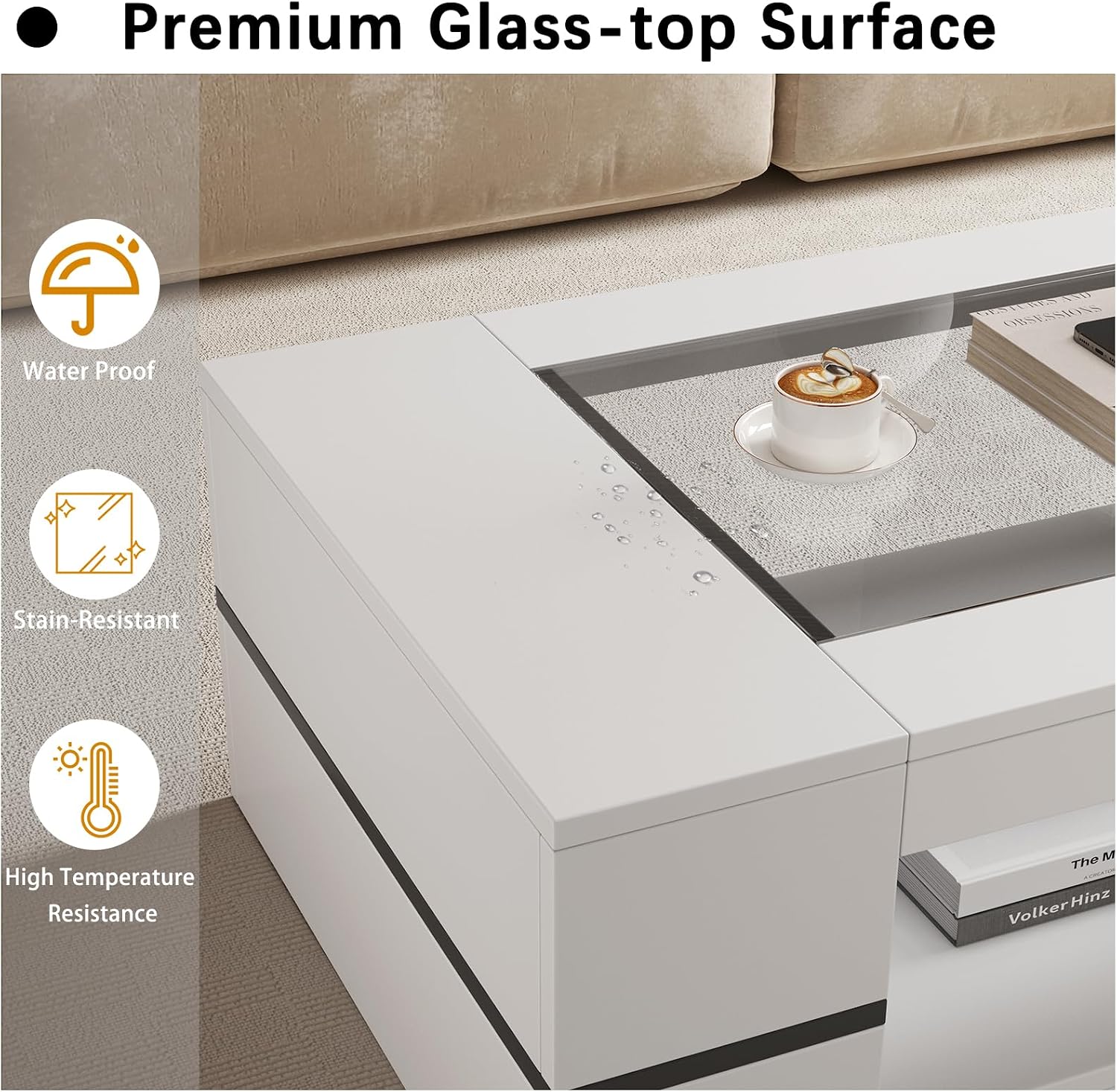 HedoAjim 47.2' Modern Stylish Coffee Table with Glass Table Top, Large Living Room Table Rectangular 2-Tier Center Tables with Storage, Wooden Tea Tables for Dining Reception Room, White