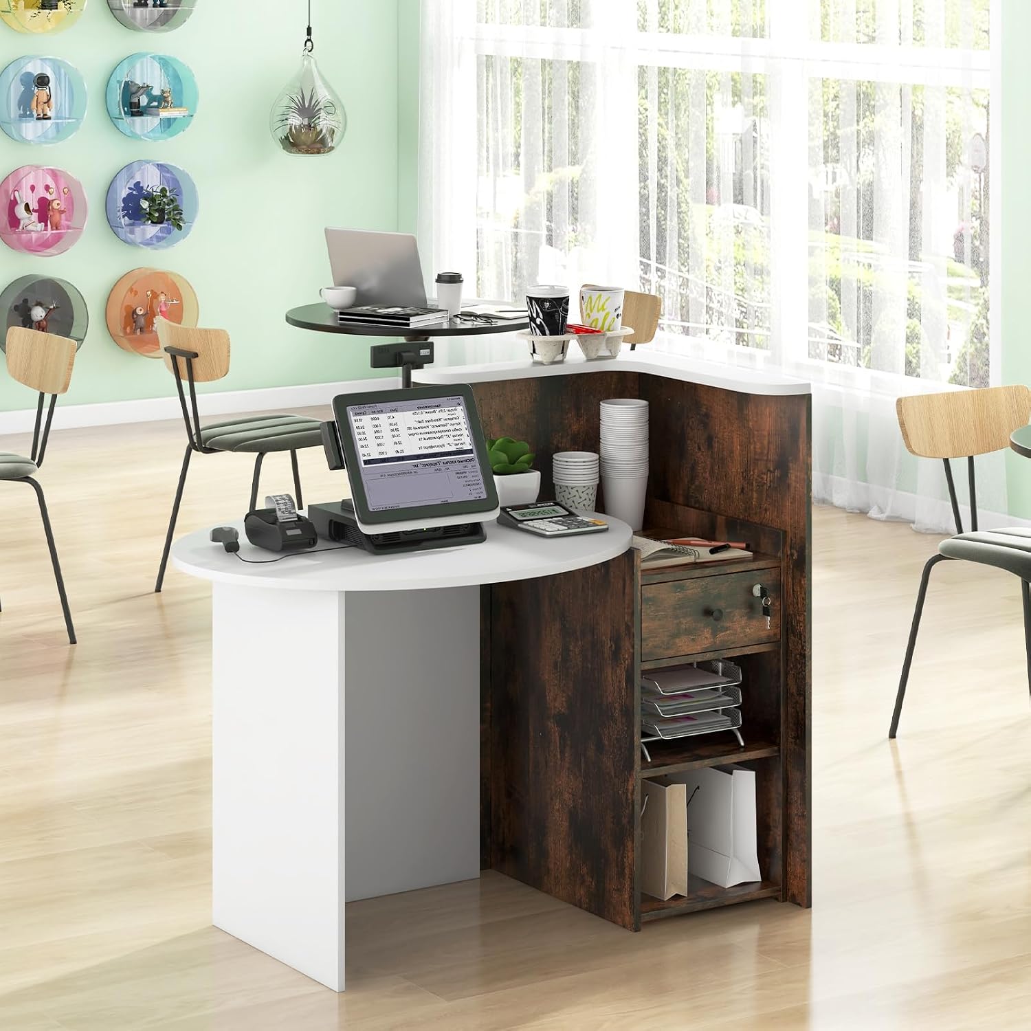Giantex Reception Desk, Front Counter Desk with Lockable Drawer, Retail Counter Checkout Table with Round Tabletop, Corner Shelf & Adjustable Shelf for Office Beauty Salon Retail Store (Brown)