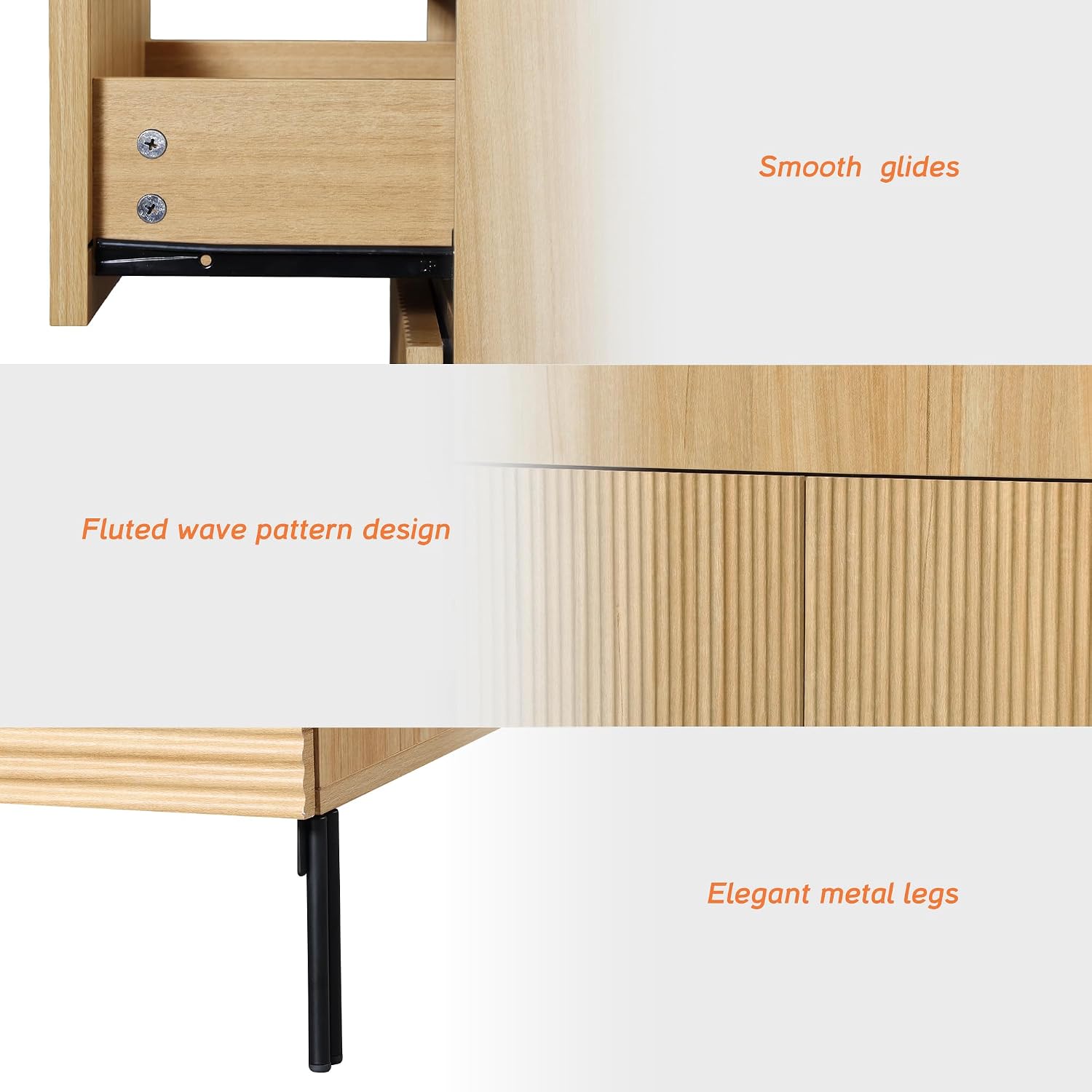 WAMPAT 30.2' Tall Fluted Nightstand with 3 Large Drawers, Mid Century Nightstand End Table with Hidden Handle, Wooden Bedside Table with Storage for Bedroom, Oak