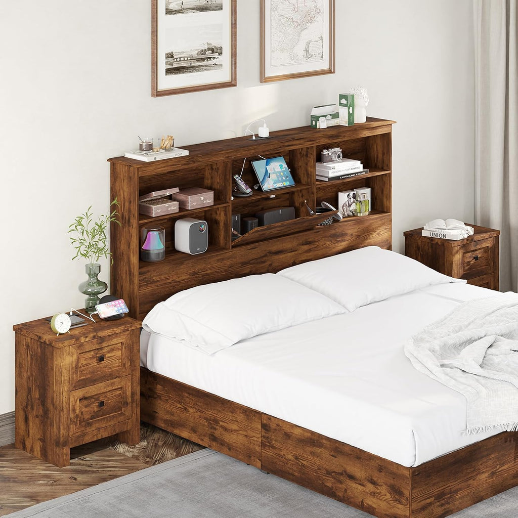 AMERLIFE Nightstand Set of 2 with Charging Station, Rustic Bedside Table with Drawers Storage, Farmhouse Wood Night Stand for Bedroom, Rustic Brown