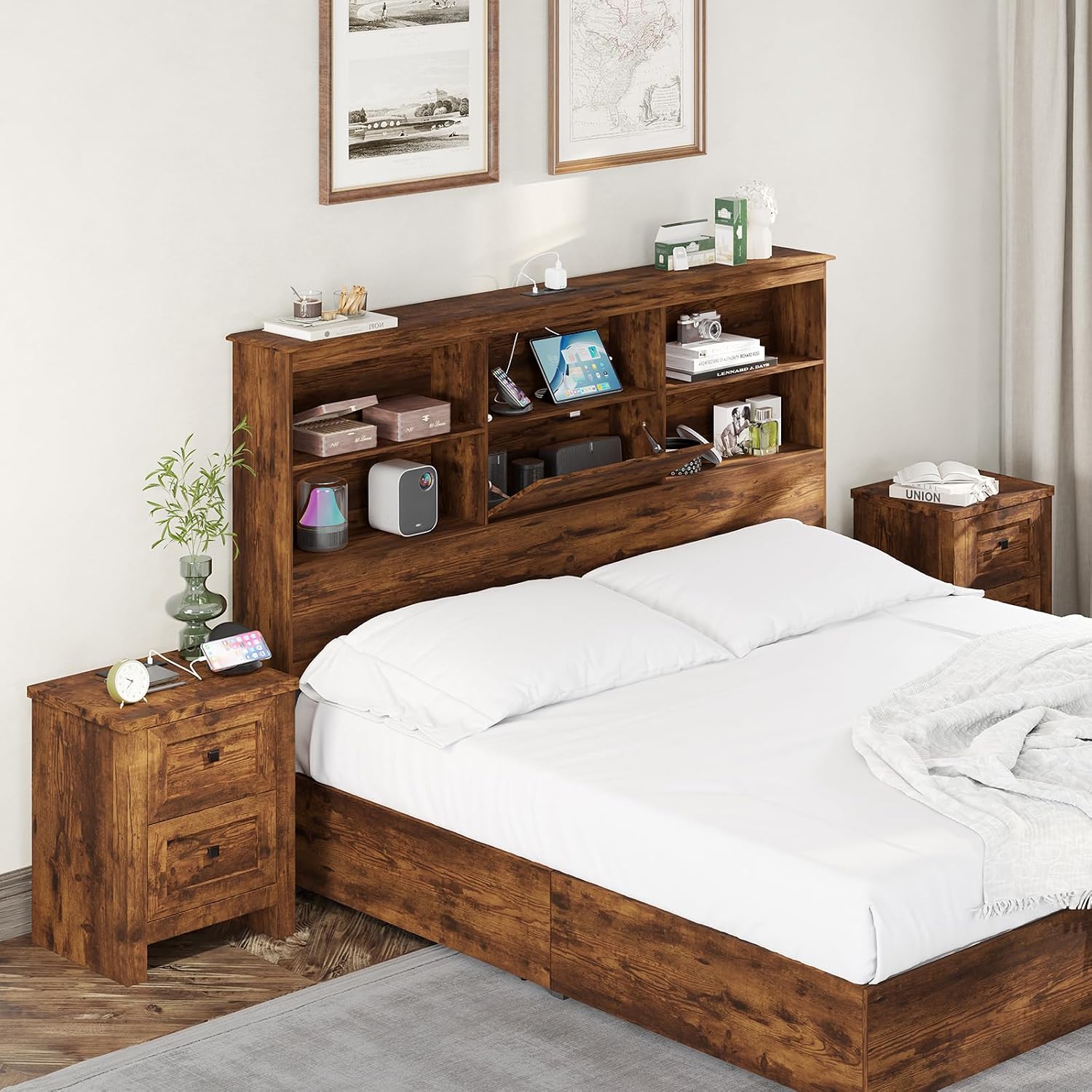 AMERLIFE Nightstand Set of 2 with Charging Station, Rustic Bedside Table with Drawers Storage, Farmhouse Wood Night Stand for Bedroom, Rustic Brown