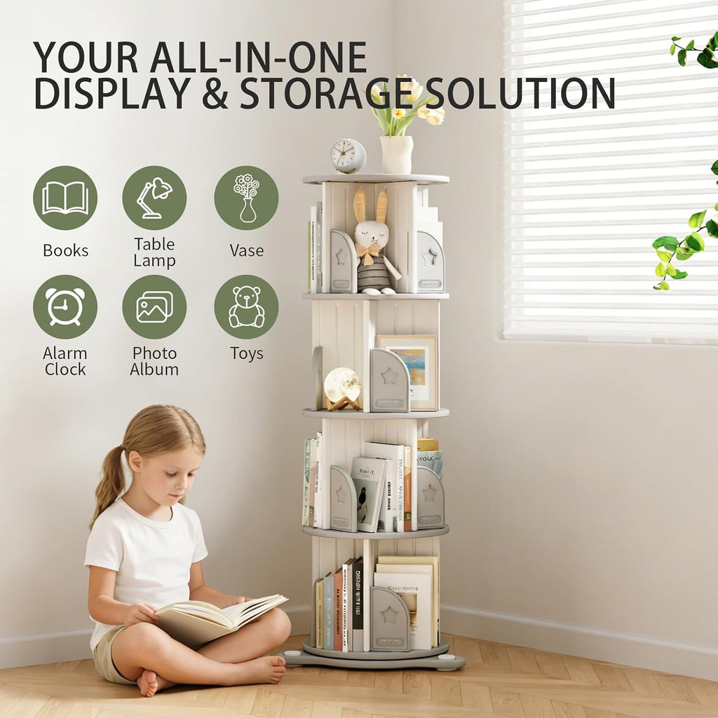 4 Tier Rotating Bookshelf, 360°Spinning Bookshelf Tower Book Display Stand, Corner Bookcase Organizer for Classroom/Bedroom/Living Room/Reading Nook (White-4Tier)