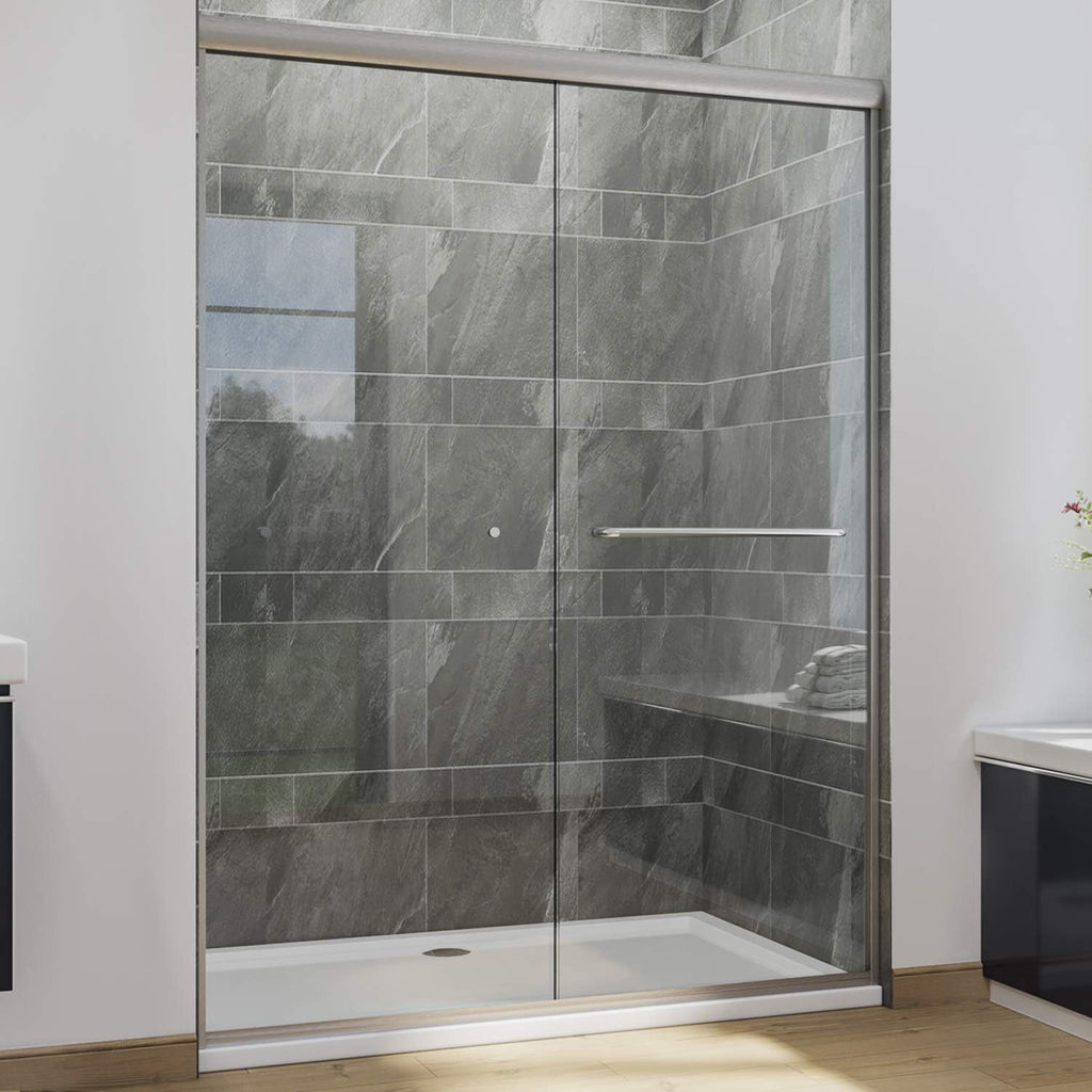 SUNNY SHOWER Semi-Frameless Shower Doors 1/4' (6mm) Glass Sliding Shower Enclosure 54' W x 72' H Shower Glass Door Brushed Nickel Finish