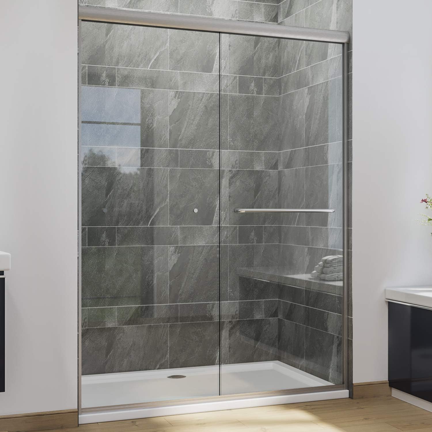 SUNNY SHOWER Semi-Frameless Shower Doors 1/4' (6mm) Glass Sliding Shower Enclosure 54' W x 72' H Shower Glass Door Brushed Nickel Finish