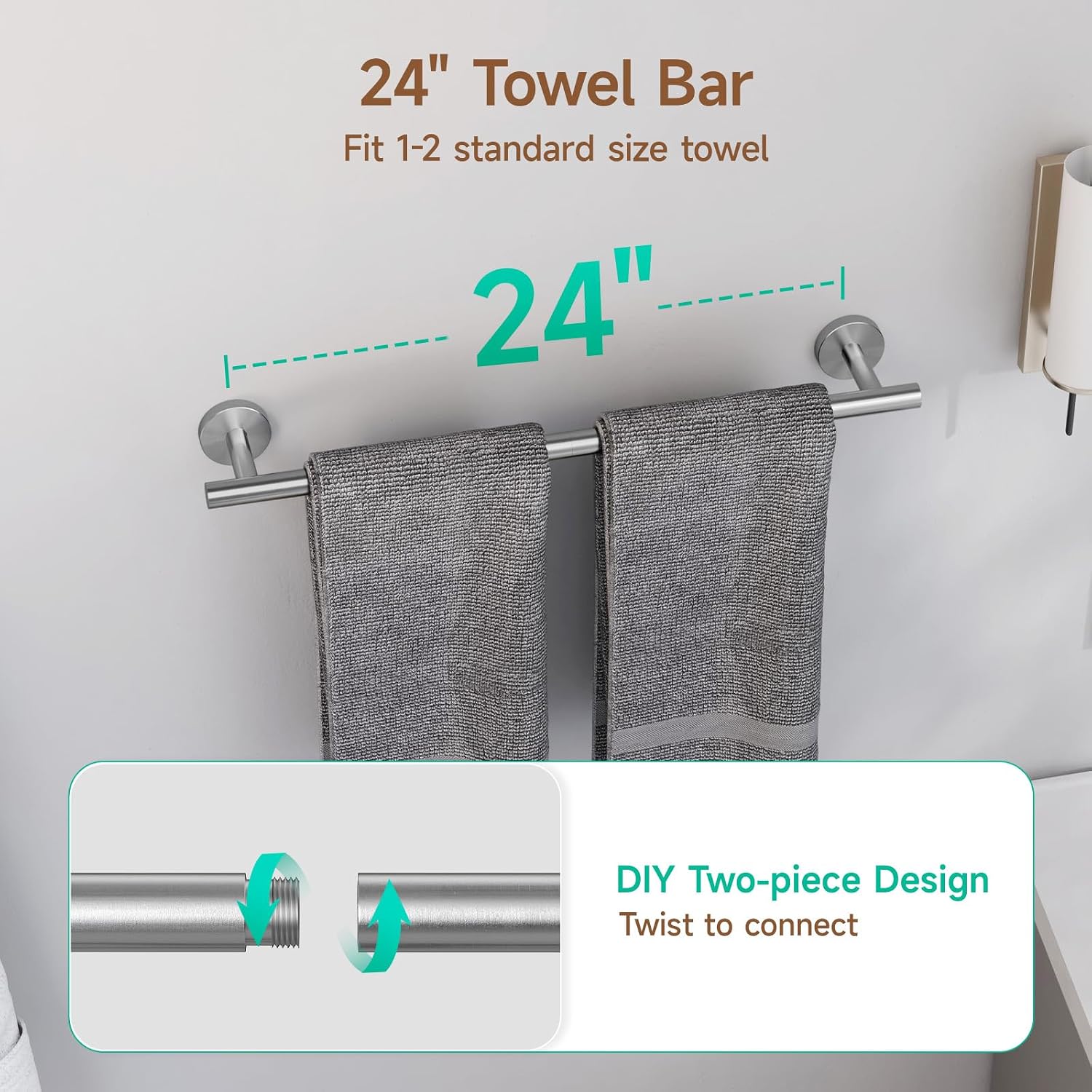 USHOWER 30'' Frameless Round Bathroom Mirror + 24'' Towel Bar Set