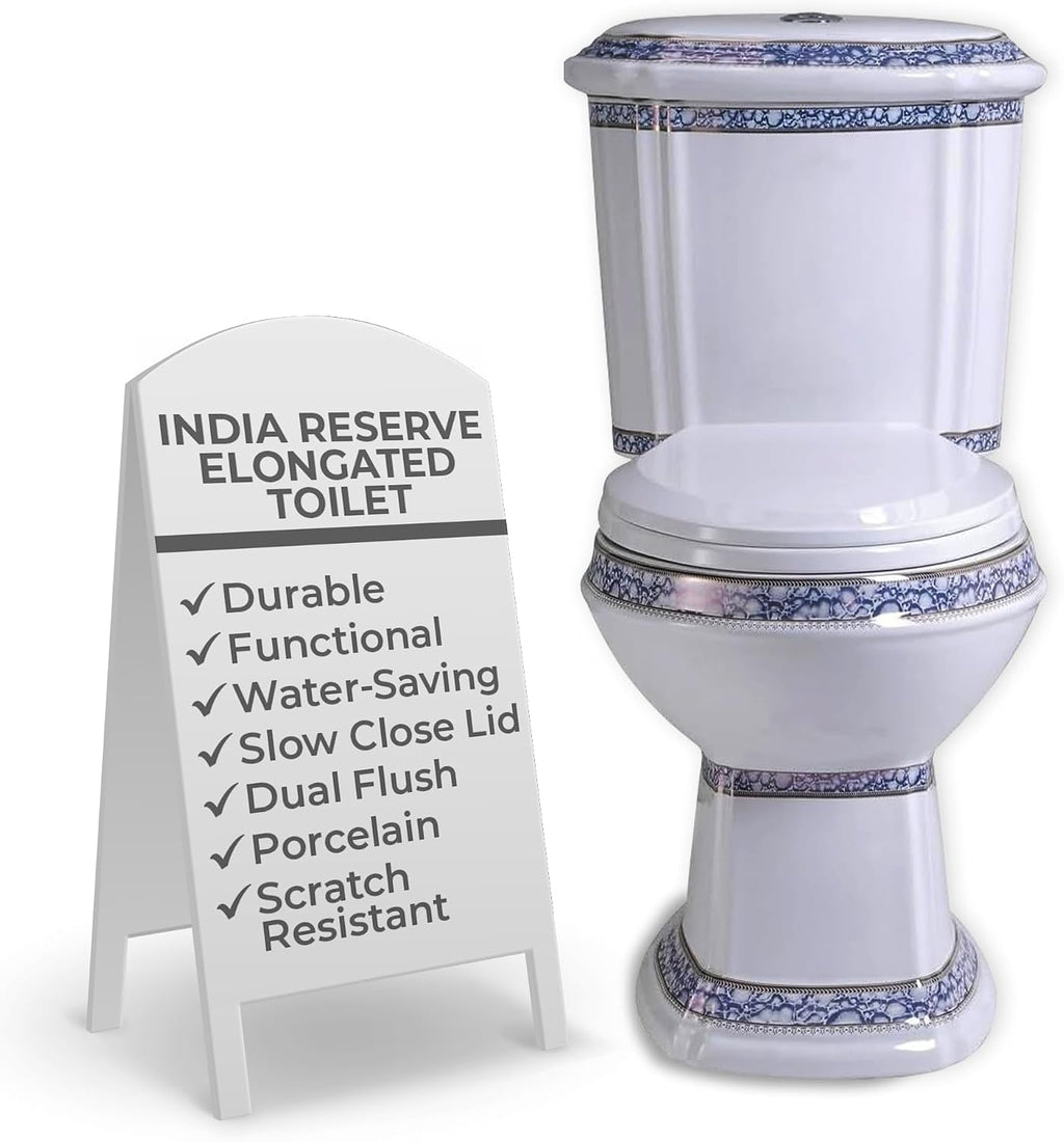 Renovators Supply Manufacturing Dual Flush 2-Piece Elongated Toilet, India Reserve Style with Slow Close Seat, 0.8/1.6 GPF Water Saving, Blue and Gold Vitreous China