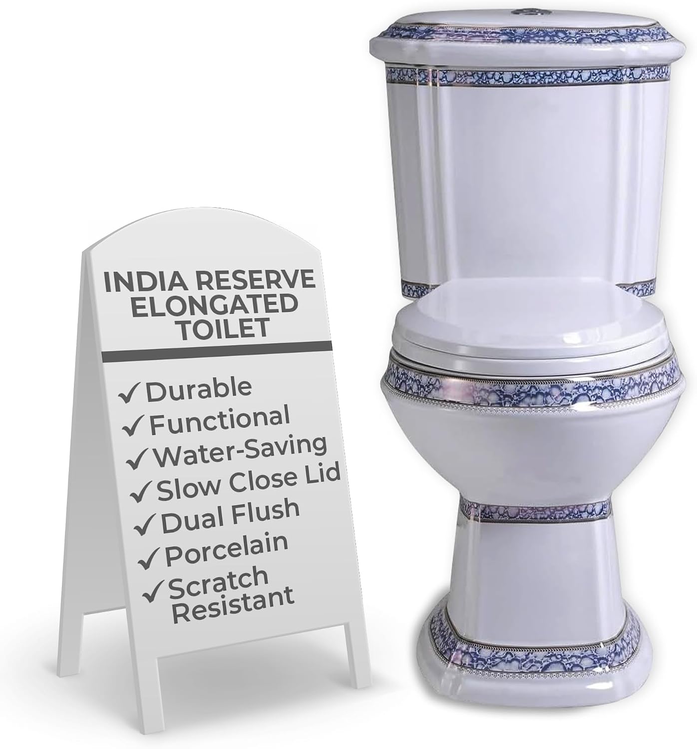 Renovators Supply Manufacturing Dual Flush 2-Piece Elongated Toilet, India Reserve Style with Slow Close Seat, 0.8/1.6 GPF Water Saving, Blue and Gold Vitreous China