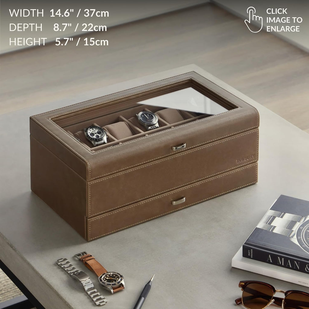 TAWBURY 12 Slot Watch Box with Storage Drawer – Premium Watch Storage Case for Men & Women | Handcrafted from PU Leather & Engineered Wood (Taupe)