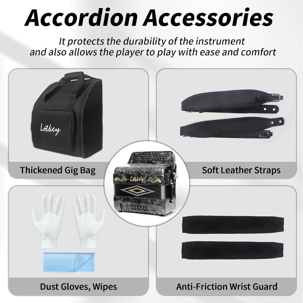 Lotkey 34 Key Diatonic Accordion, 3412 Multi Tone Celluloid Accordions Louder Clearer Timbre than Plastic for Adult, Beginner, Professional with Updated Bag, Straps, Acordeón Wrist Guard (GCF Grey)