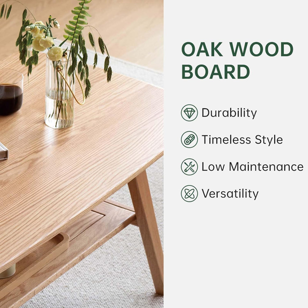100% Solid Oak Wood Coffee Table for Living Room, 2-Tier Small Coffee Tables with Shelf Storage, Mid Century Modern Table with Rounded Corners (Natural, 39.37' x 19.68' x 17.32')