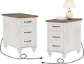 WAMPAT Set of 2 End Tables with Charging Station, Antique White Side Table with Storage Cabinet & Drawer, Wooden Nightstands with Power Outlets & Type-C USB Port for Bedroom