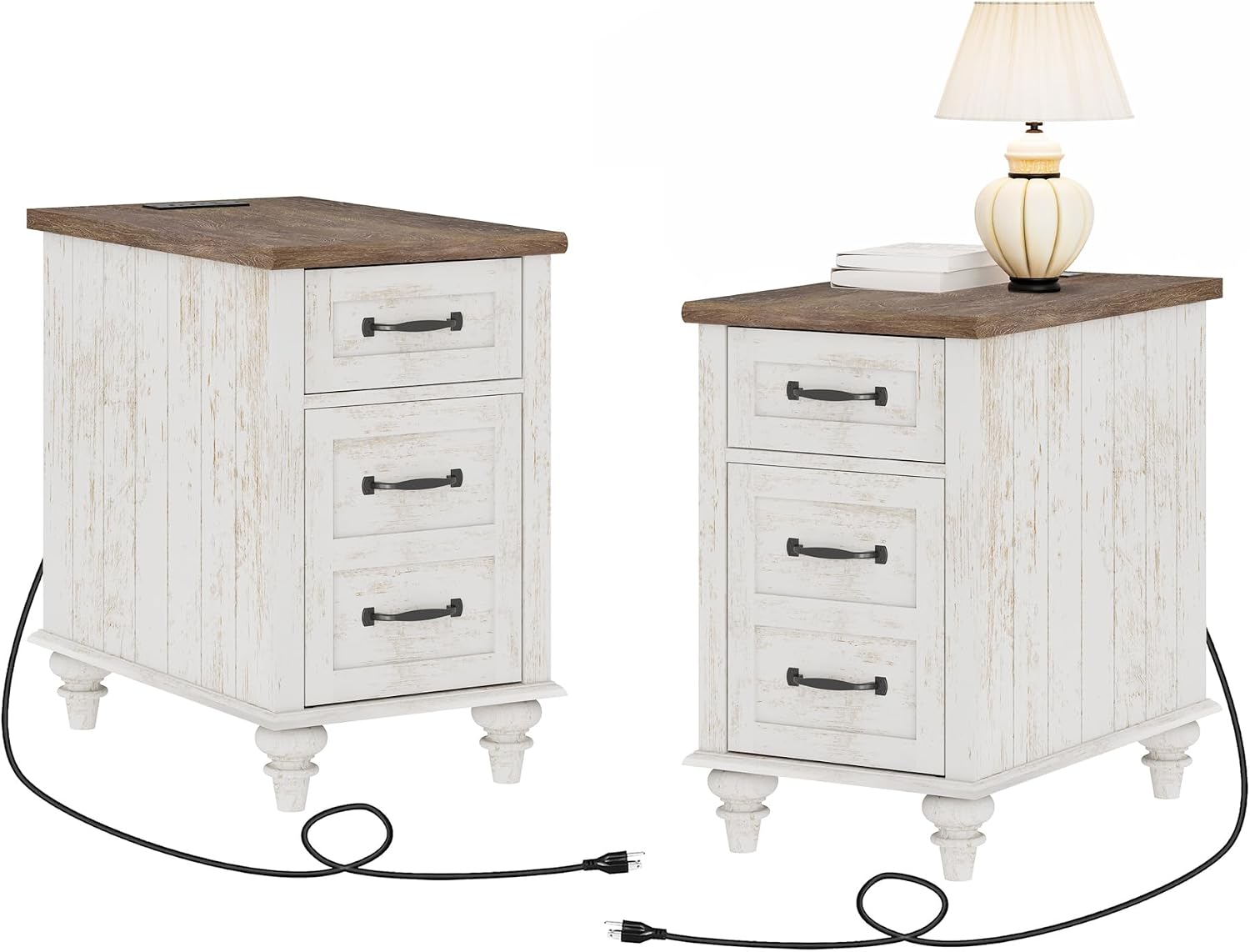 WAMPAT Set of 2 End Tables with Charging Station, Antique White Side Table with Storage Cabinet & Drawer, Wooden Nightstands with Power Outlets & Type-C USB Port for Bedroom