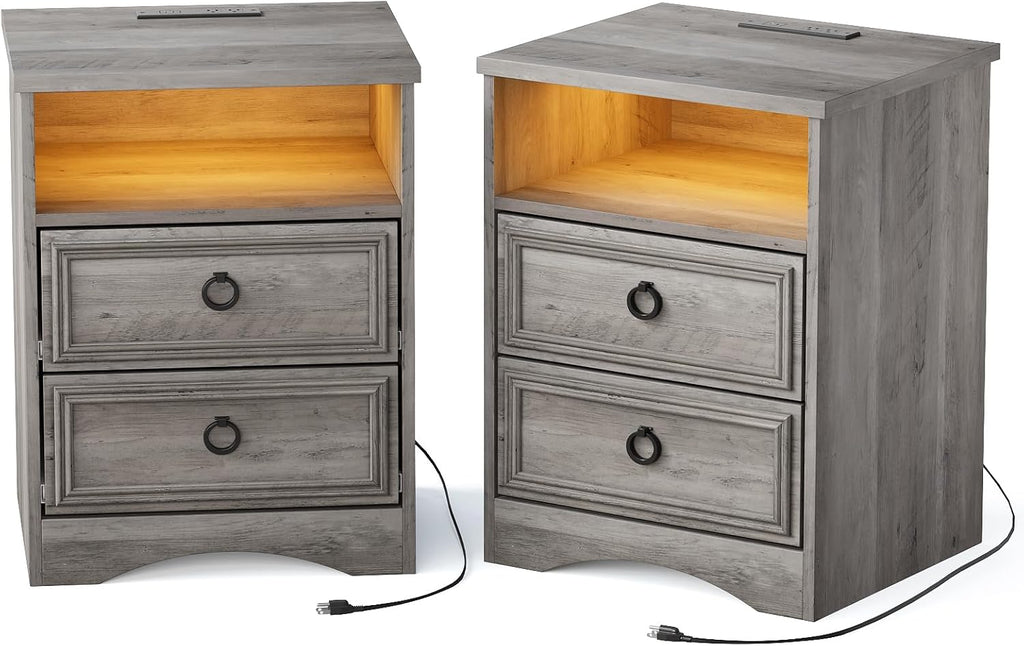 Large Nightstand Set of 2 with Drawers,17.7'W Accent Night Stand with Charger Station LED Lights, Bed Side Table with 2 Drawers, End Table with Easy Open Storage for Bedroom, Living Room,Gray