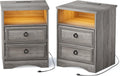 Large Nightstand Set of 2 with Drawers,17.7'W Accent Night Stand with Charger Station LED Lights, Bed Side Table with 2 Drawers, End Table with Easy Open Storage for Bedroom, Living Room,Gray