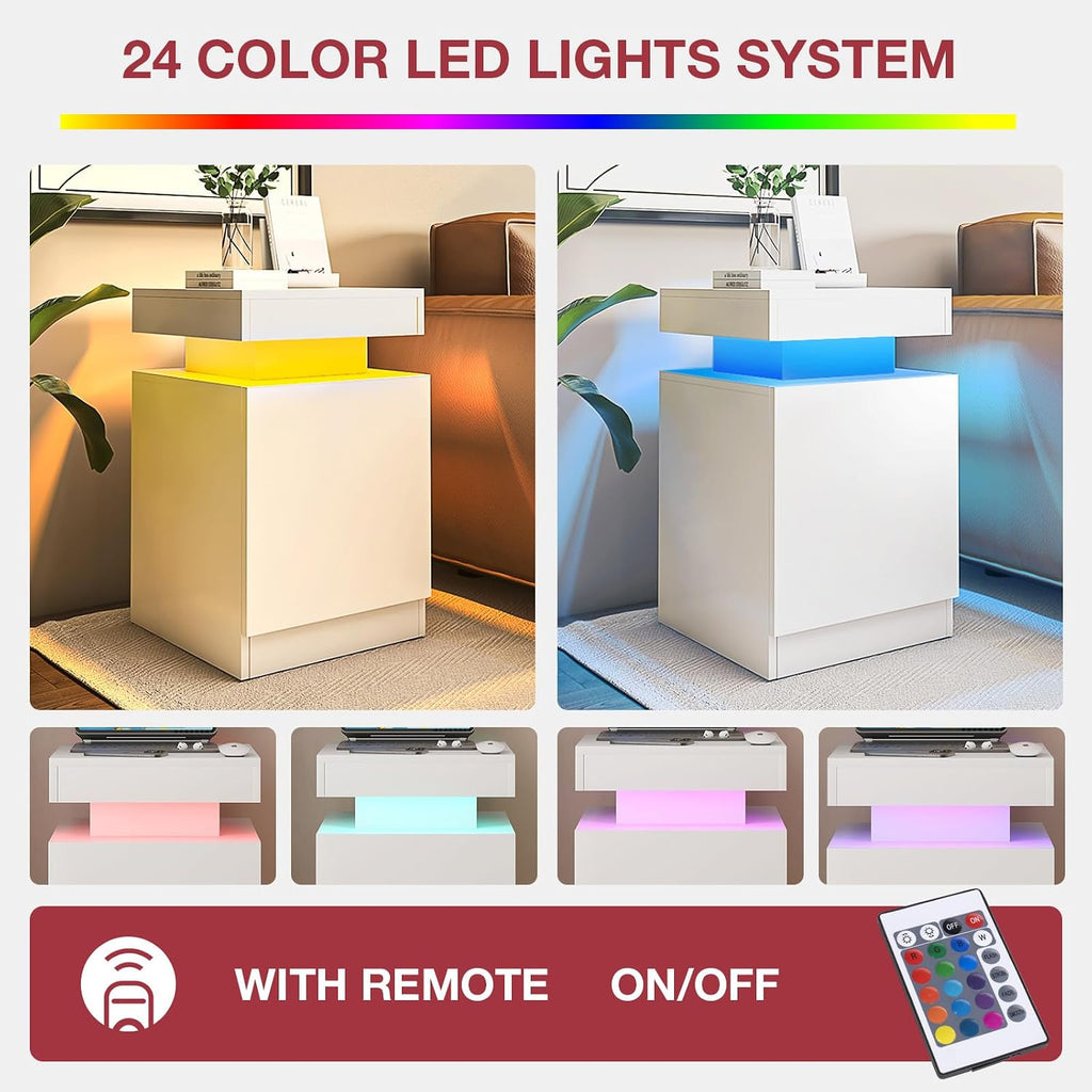 Nightstands Set 2, 17 Inches Modern Bedside Table with LED Lights, LED Night Stand Set of 2, High Gloss Surface, Side Table with Storage for Bedroom, White