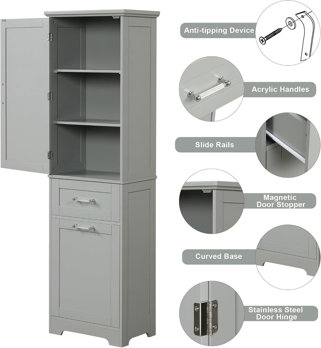 Bathroom Storage Cabinet with Adjustable Shelf, 68.4 in Tall | MDF, painted finish, adjustable shelf, enclosed storage, acrylic handles, anti-tip kit, bathroom, 20 W x 13.5 D x 68.4 H in