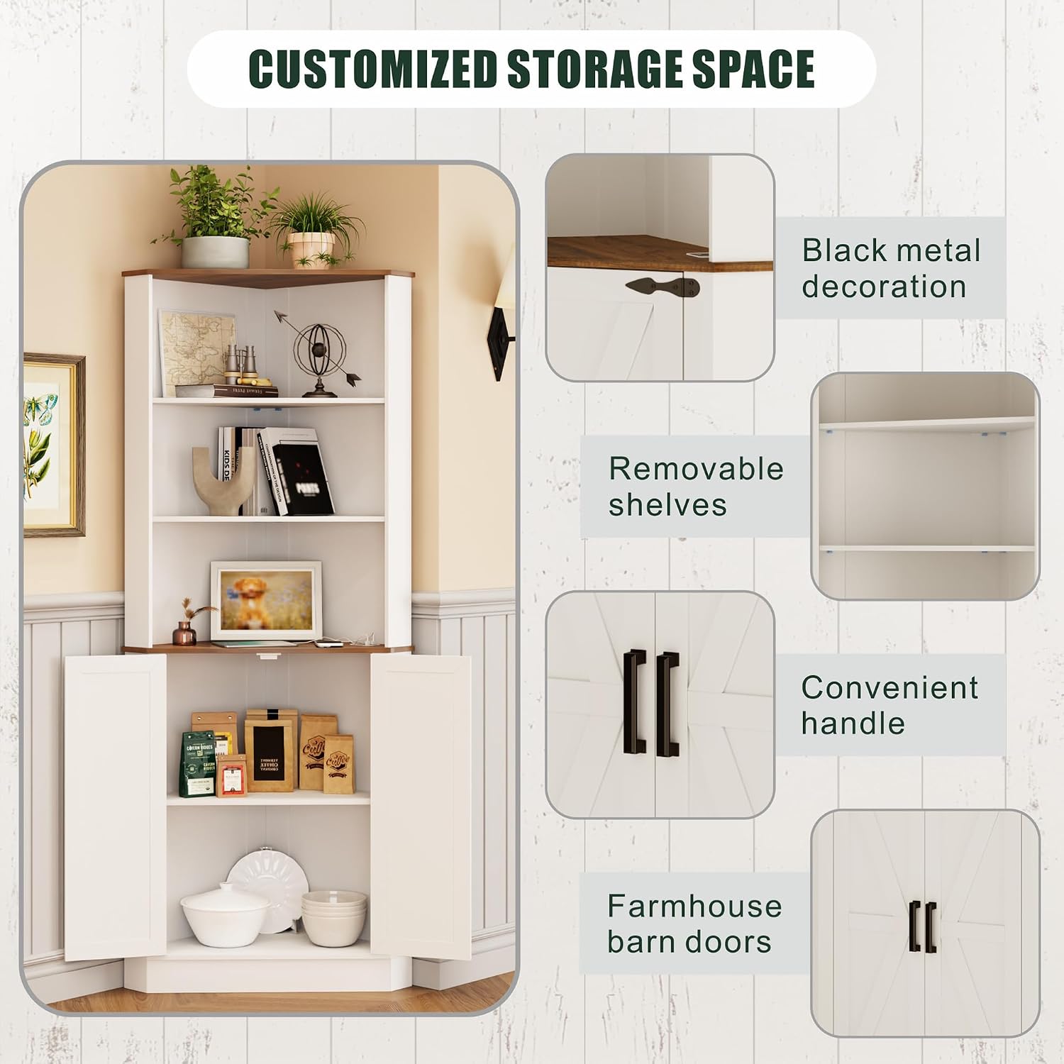 FREDEES Tall Corner Cabinet with LED Light, Farmhouse Bathroom Cabinet with 2 Doors and 3 Tier Shelves, Free Standing Corner Storage Cabinet for Laundry Room, Living Room or Kitchen, Antique White