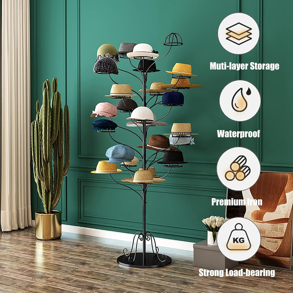Large Capacity Standing Hat Rack Organizer Holder for Cowboy Hats/Baseball Caps/Wigs, Modern Muti-Tier Hats Tree Stand, Home Store,White Place 25 Hats