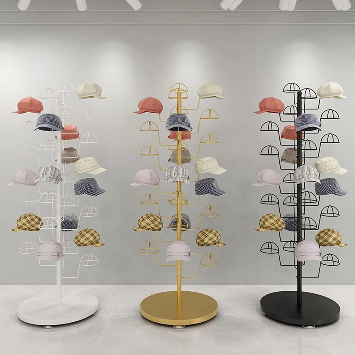 Standing Hat Display Rack, Large Capacity Metal Organizer for Baseball Caps, Fedora, Cowboy Hats, Holds 30, Ideal for Shops, Salons, and Homes(Gold)