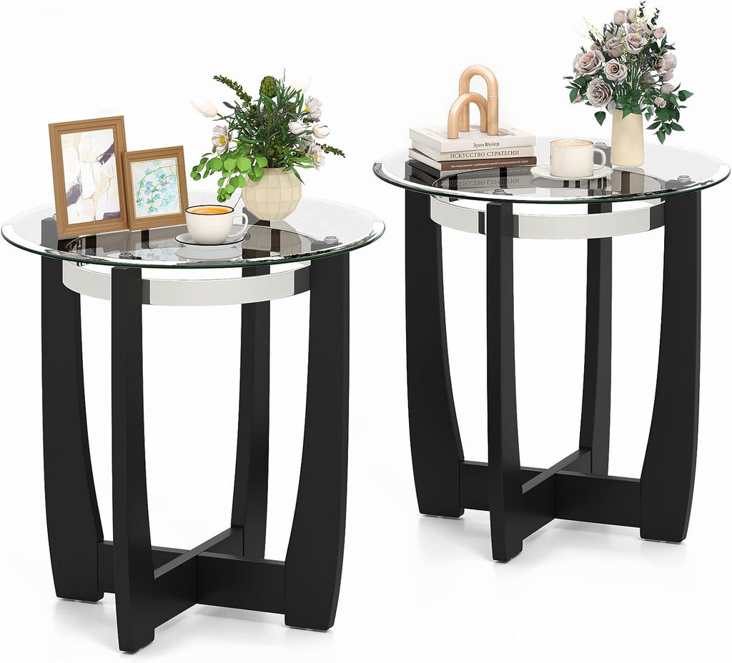 Giantex Round Glass End Table Set of 2, 24'' Side Table with Tempered Glass Top, Nightstands with Cross & Solid Rubber Wood Base, Compact Bedside Night Stand for Bedroom Office Living Room (2, Black)