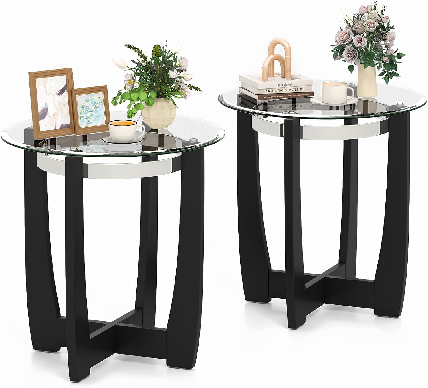 Giantex Round Glass End Table Set of 2, 24'' Side Table with Tempered Glass Top, Nightstands with Cross & Solid Rubber Wood Base, Compact Bedside Night Stand for Bedroom Office Living Room (2, Black)